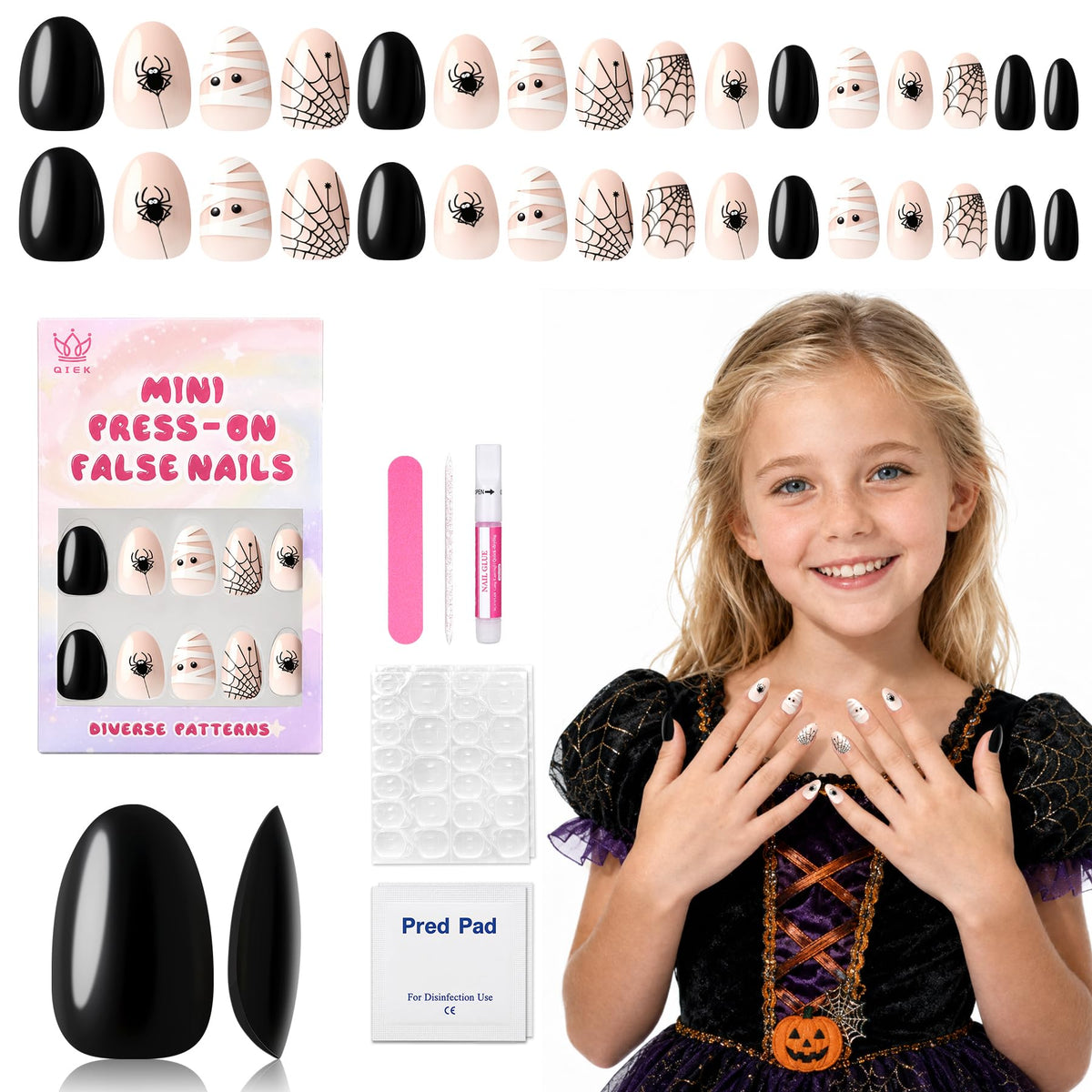 QIEK front packaging showing spider web nails and kid-friendly design benefit