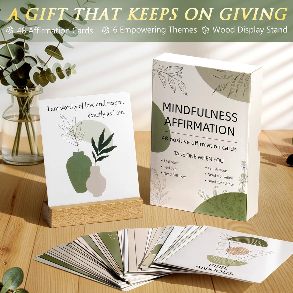 Qinline affirmation cards and wooden stand promoting daily positivity and routine