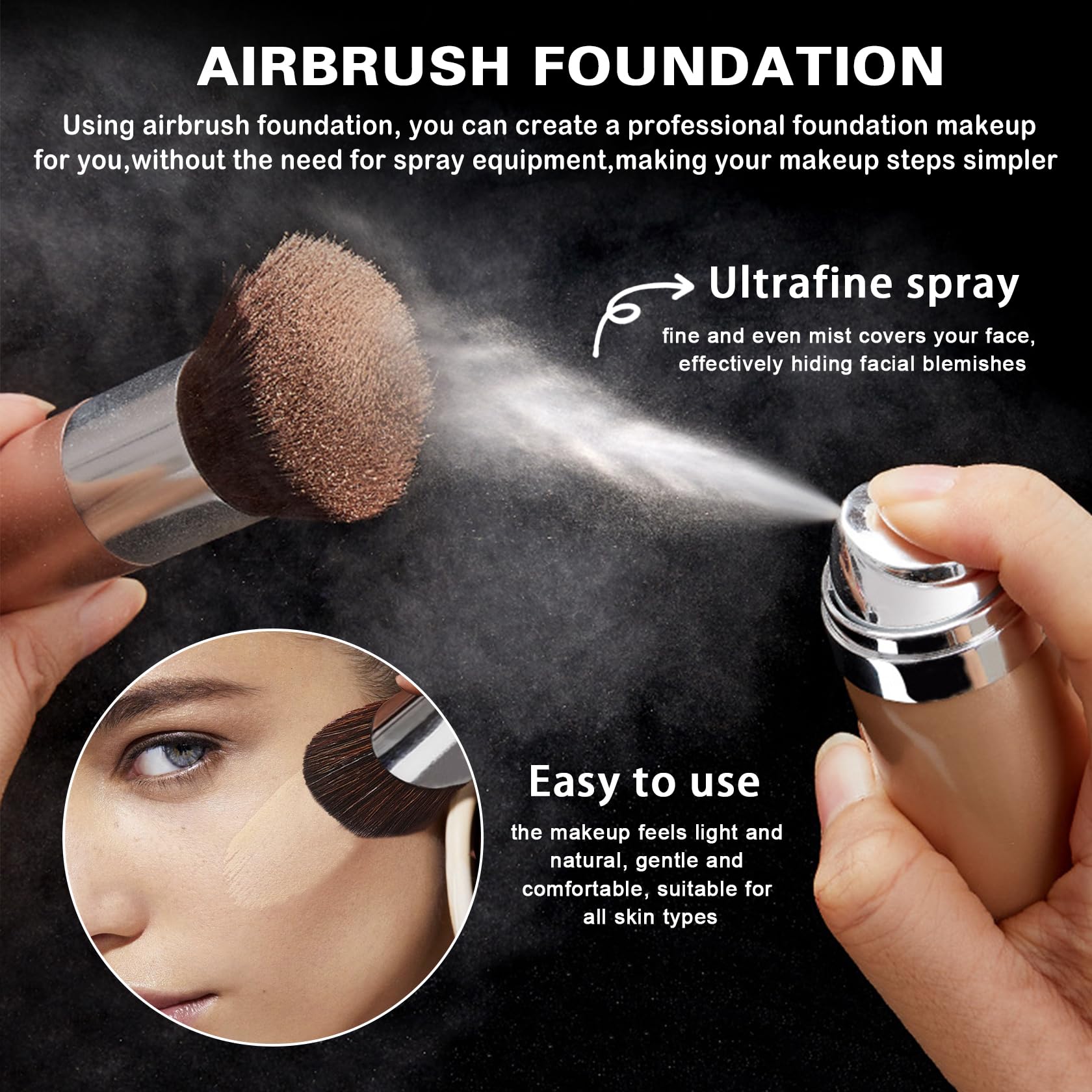 QIUFSSE being sprayed onto a makeup brush to show application method and buildable, airbrushed finish