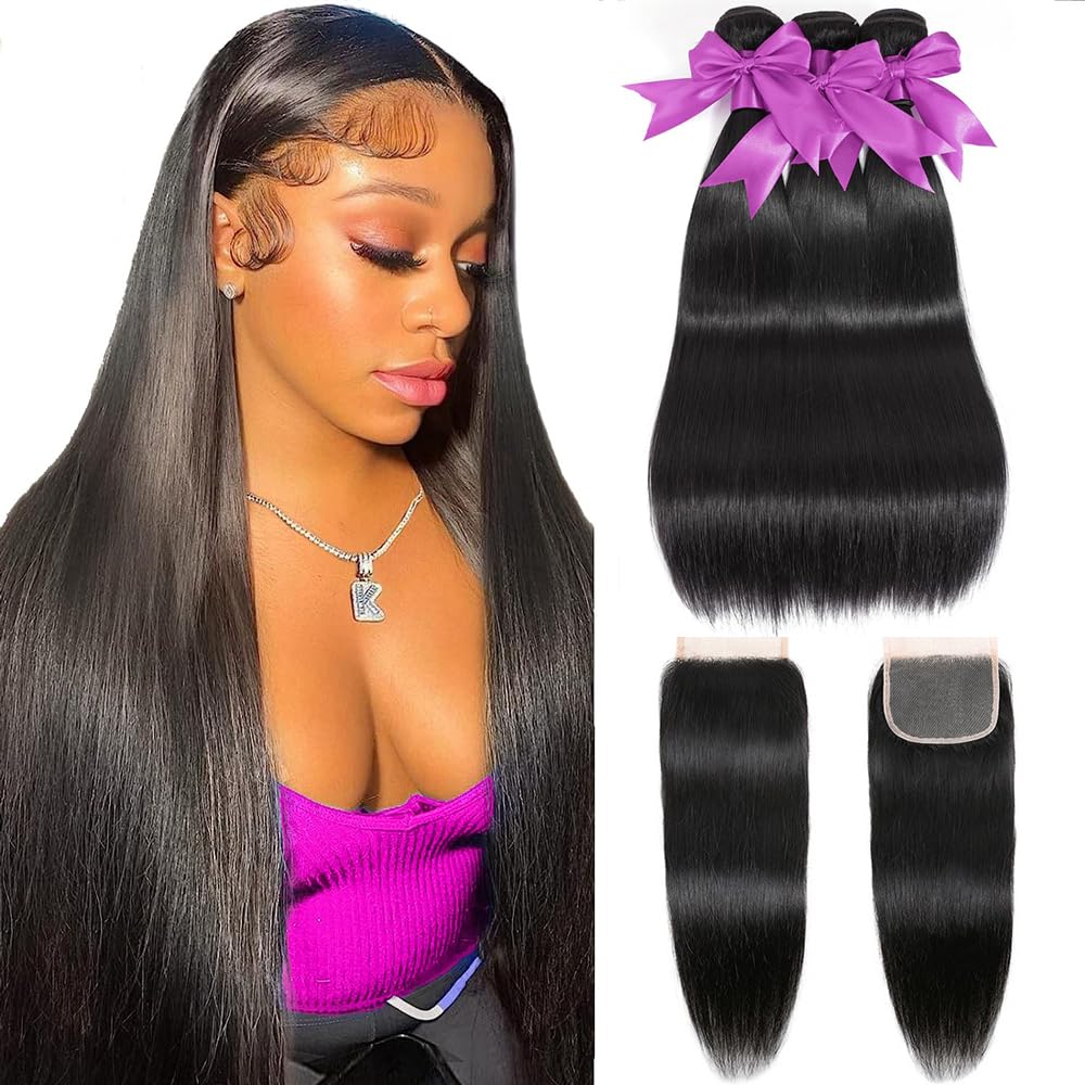 QIYING front view of three bundles and 4x4 HD lace closure showing full set benefit