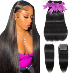 QIYING front view of three bundles and 4x4 HD lace closure showing full set benefit