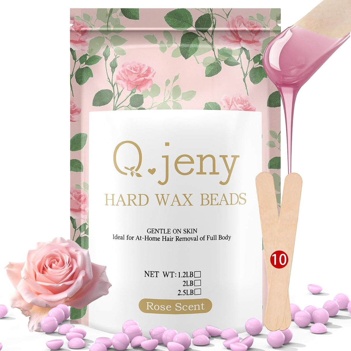Q.jeny front packaging showing rose wax beads and clear label, gentle hair removal benefit