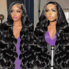 QJQHVES front view of 30-inch body wave wig showing full coverage and shine
