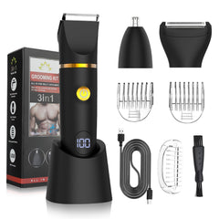 QREEX front view of trimmer showing ergonomic grip and interchangeable heads for precise grooming