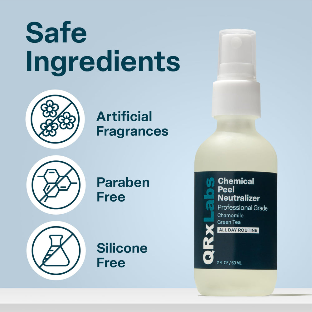 QRxLabs botanical chamomile and green tea display emphasizing calming antioxidant benefits