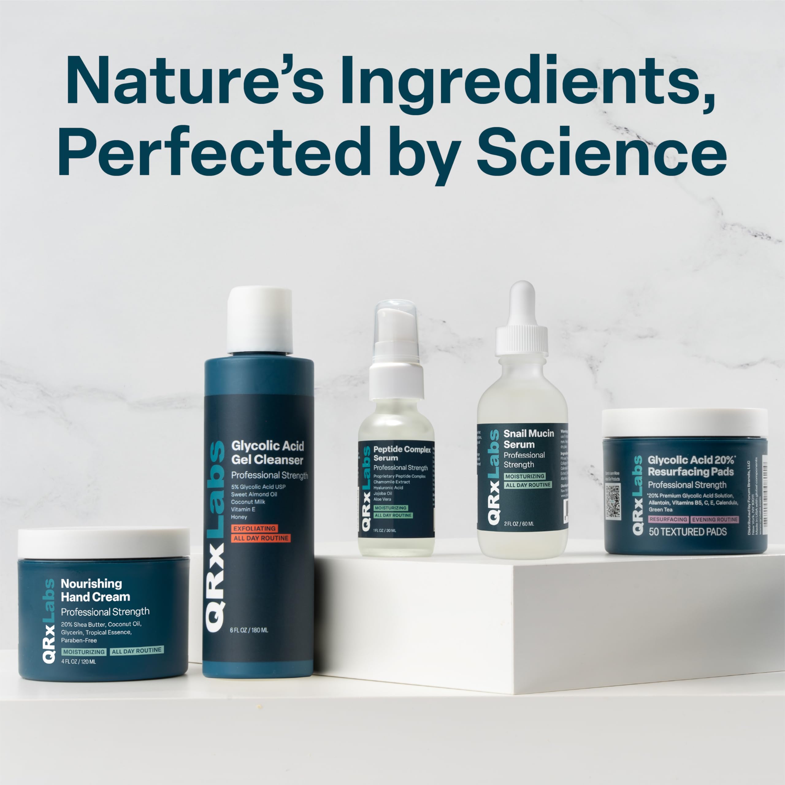 QRxLabs lifestyle flatlay with complementary skincare items showing daily routine compatibility