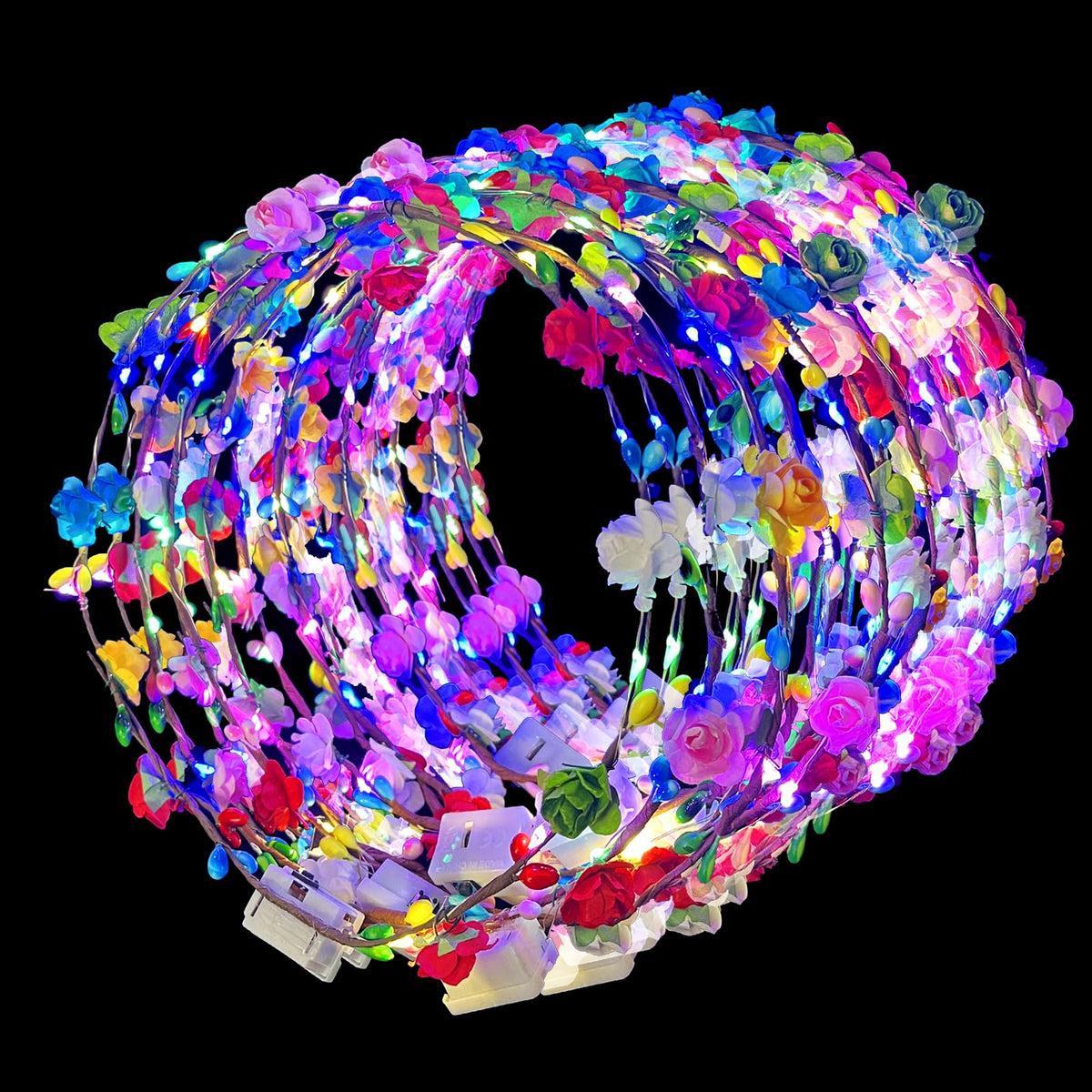 QSJQllo front packaging showing 50 LED flower crowns for events