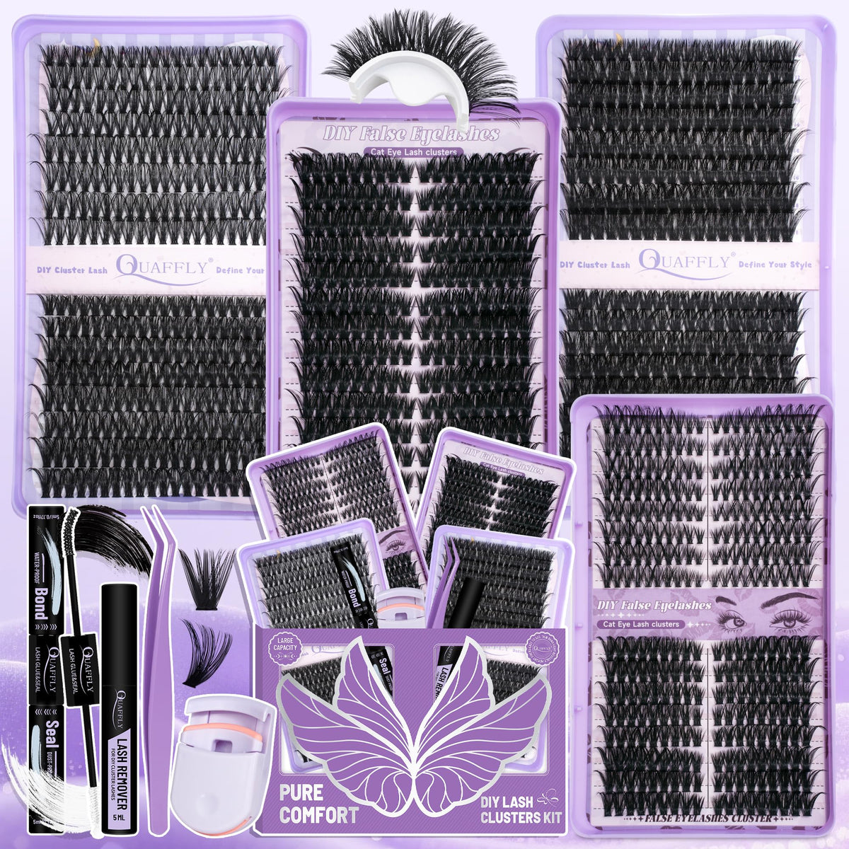 QUAFFLY front packaging of the full lash cluster kit showing all components and convenience