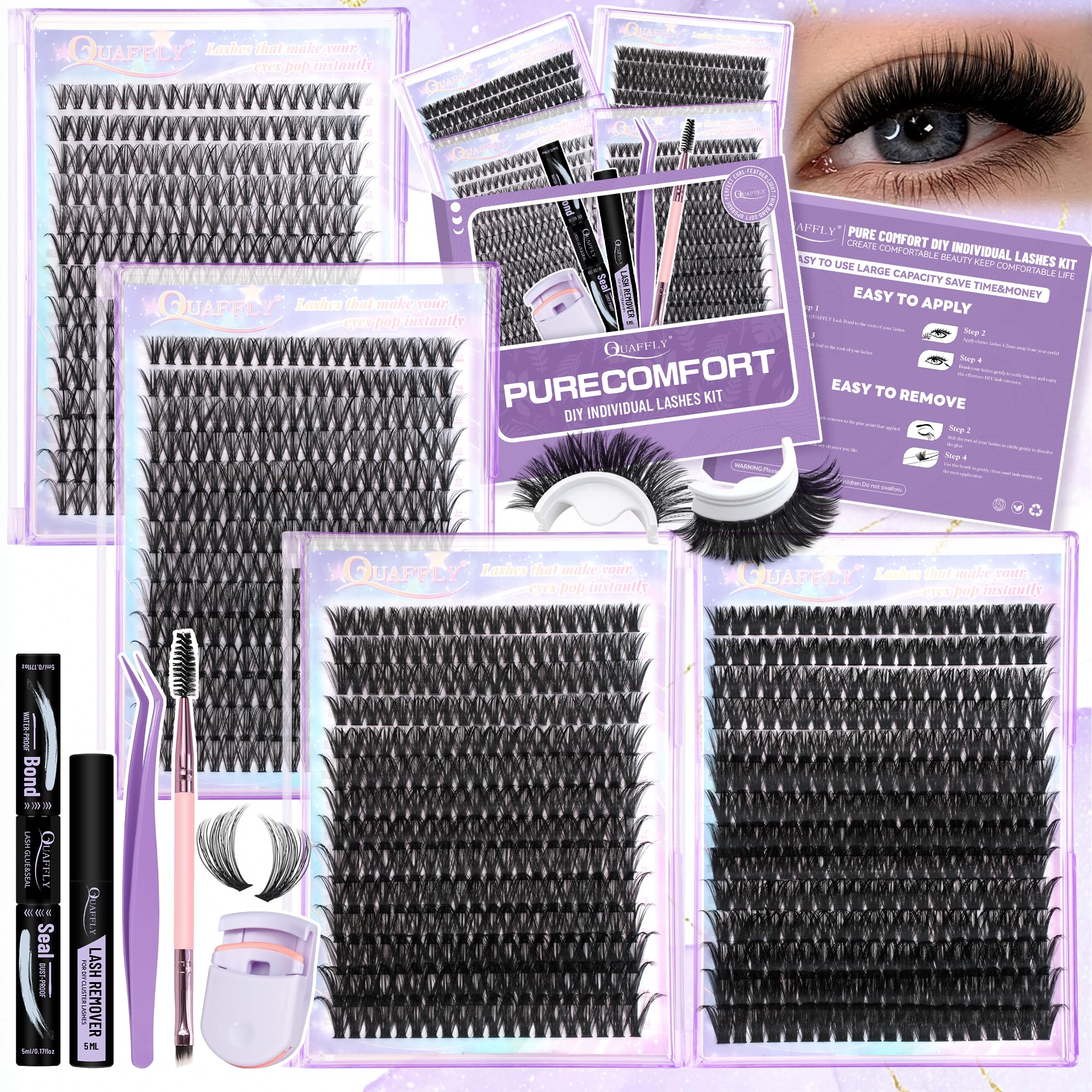 QUAFFLY front packaging showing complete 1120pc lash cluster kit benefits