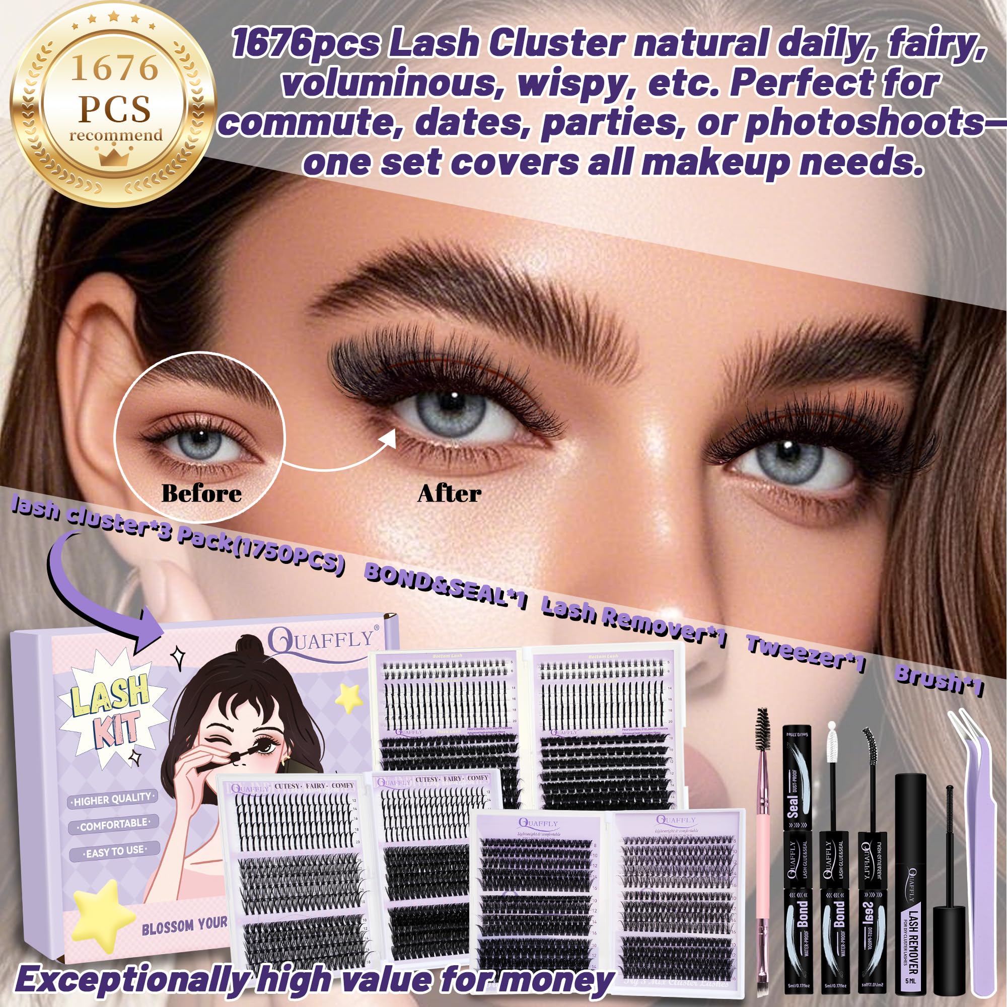 QUAFFLY palette close-up displaying blended upper lashes for layered styles