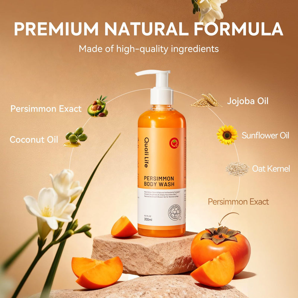 QualiLife ingredients flatlay with persimmon, tea tree, olive oil benefits