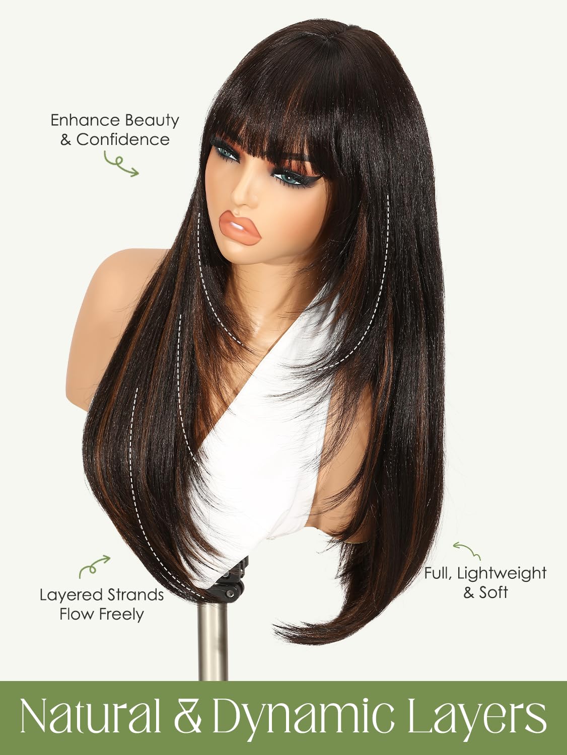 Quantum Love bangs detail framing face for a flattering, youthful look