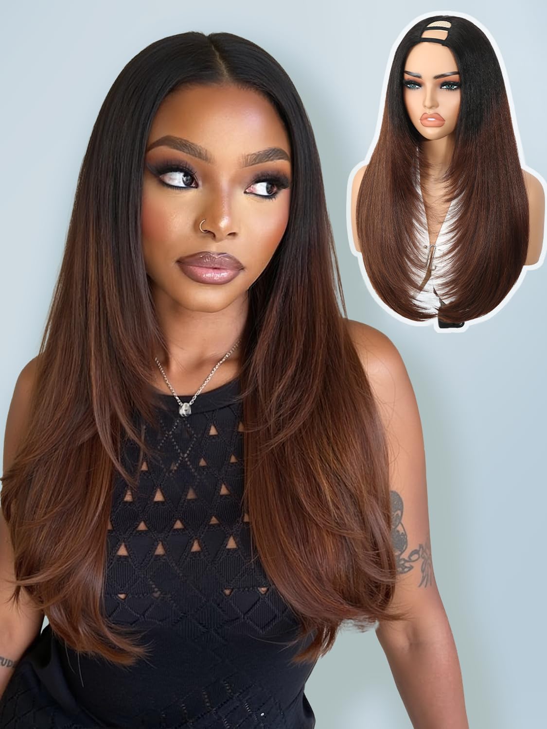 Quantum Love front view brown layered U part wig showing natural hairline for realism