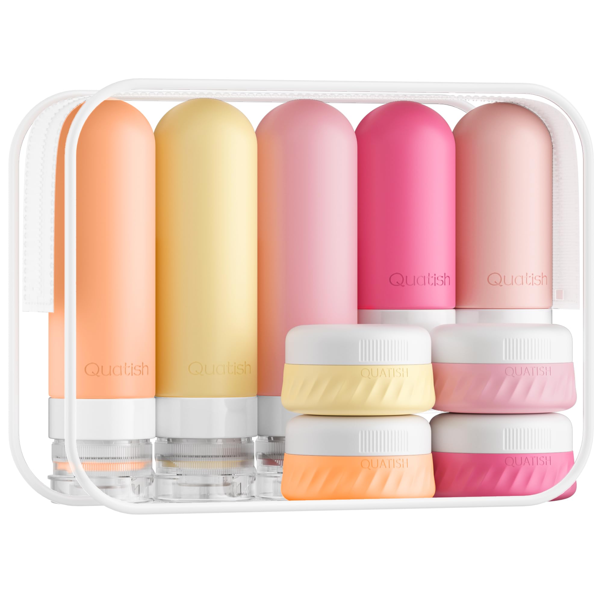 Quatish front packaging showing full macaron travel kit and organization benefit