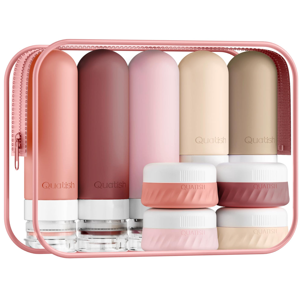 Quatish front packaging showing full 15-piece travel kit and convenience