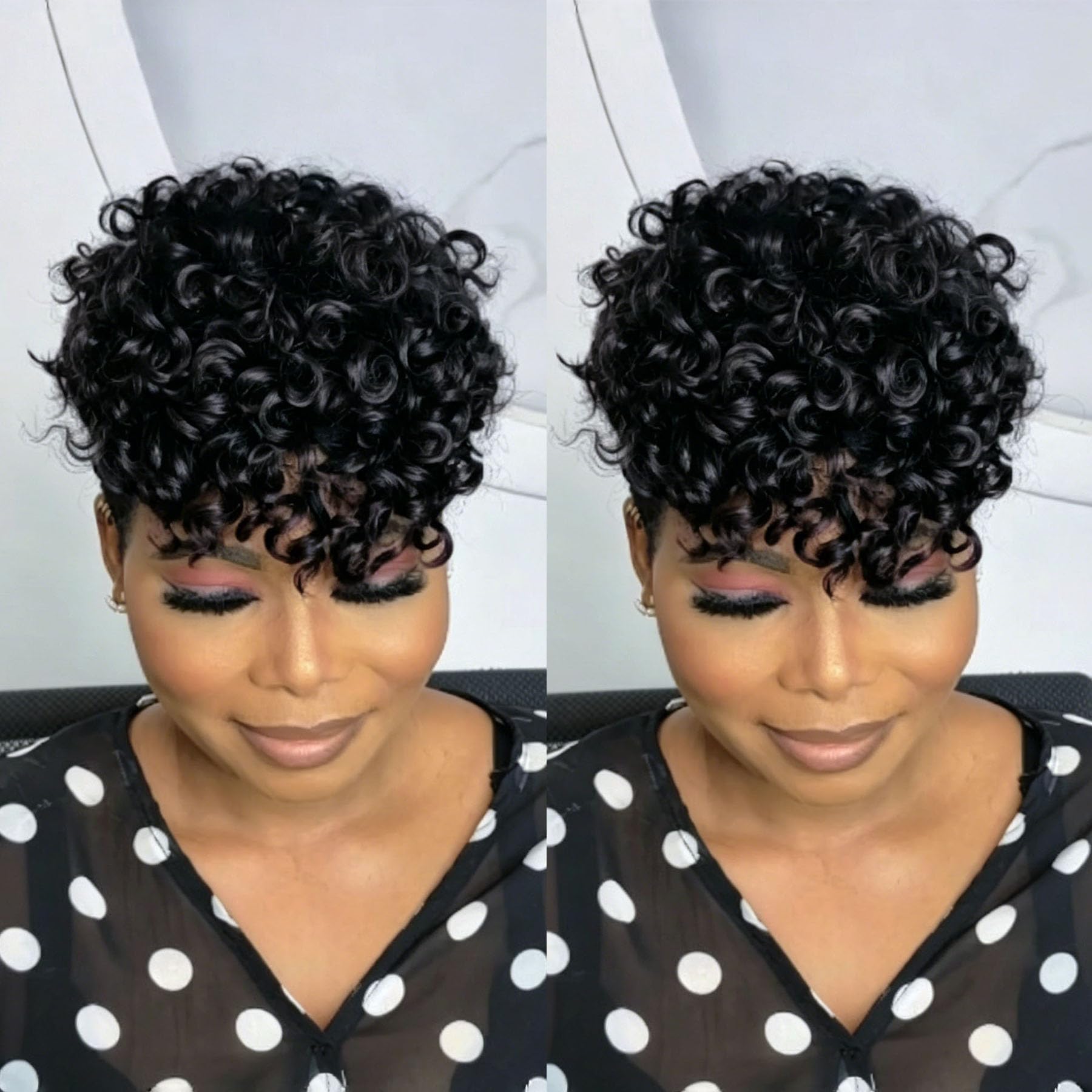 Quazirpu front view short curly pixie topper showing natural silhouette and instant style