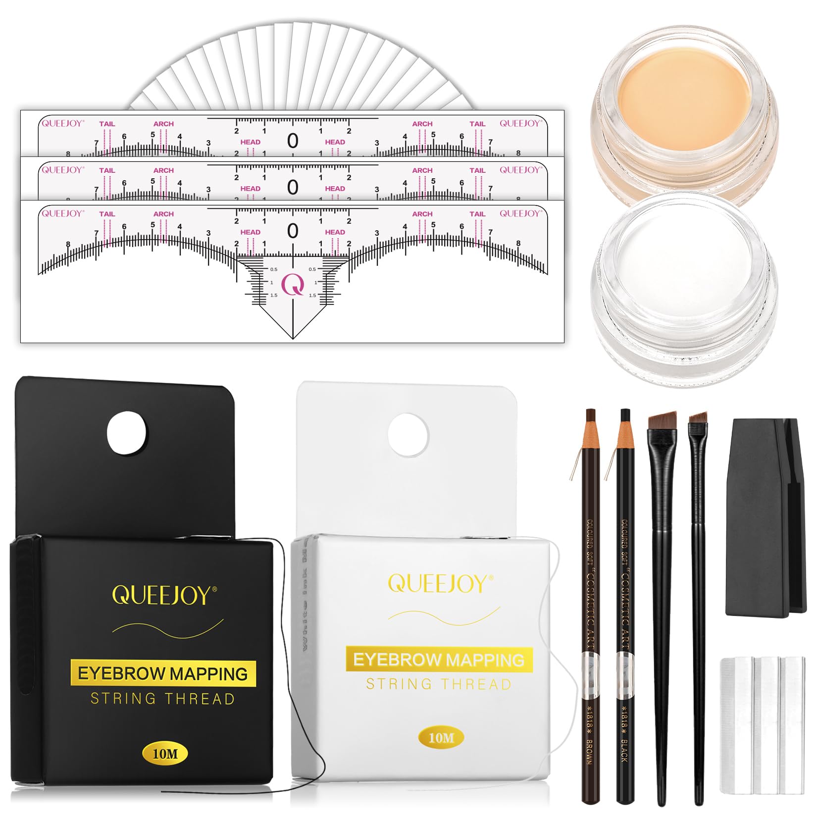 QUEEJOY front package showing complete 62-piece eyebrow mapping kit, professional organization benefit