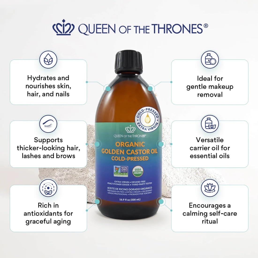 QUEEN OF THE THRONES amber glass close-up highlighting contamination protection