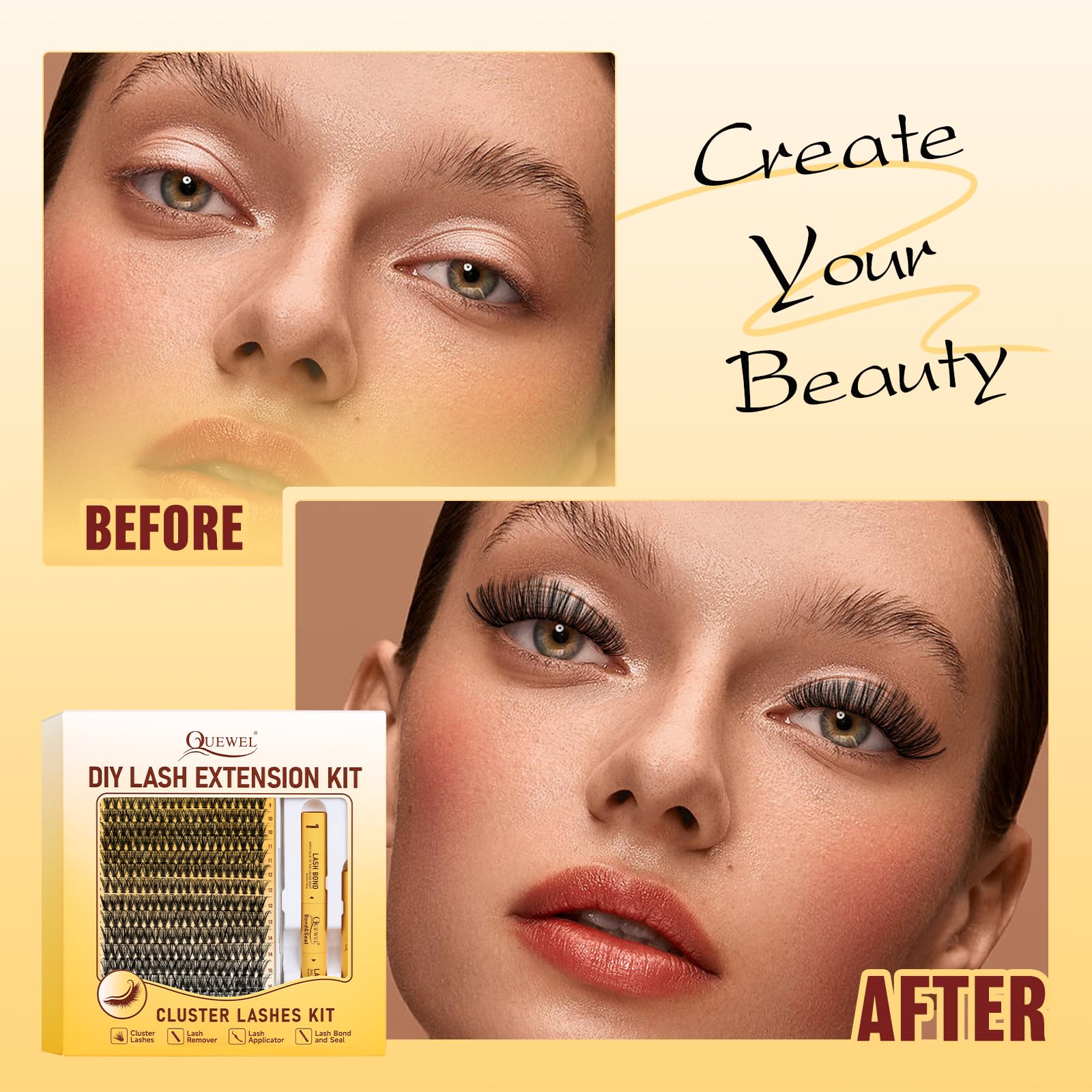 QUEWEL application in use showing cluster placement for quick fuller lashes