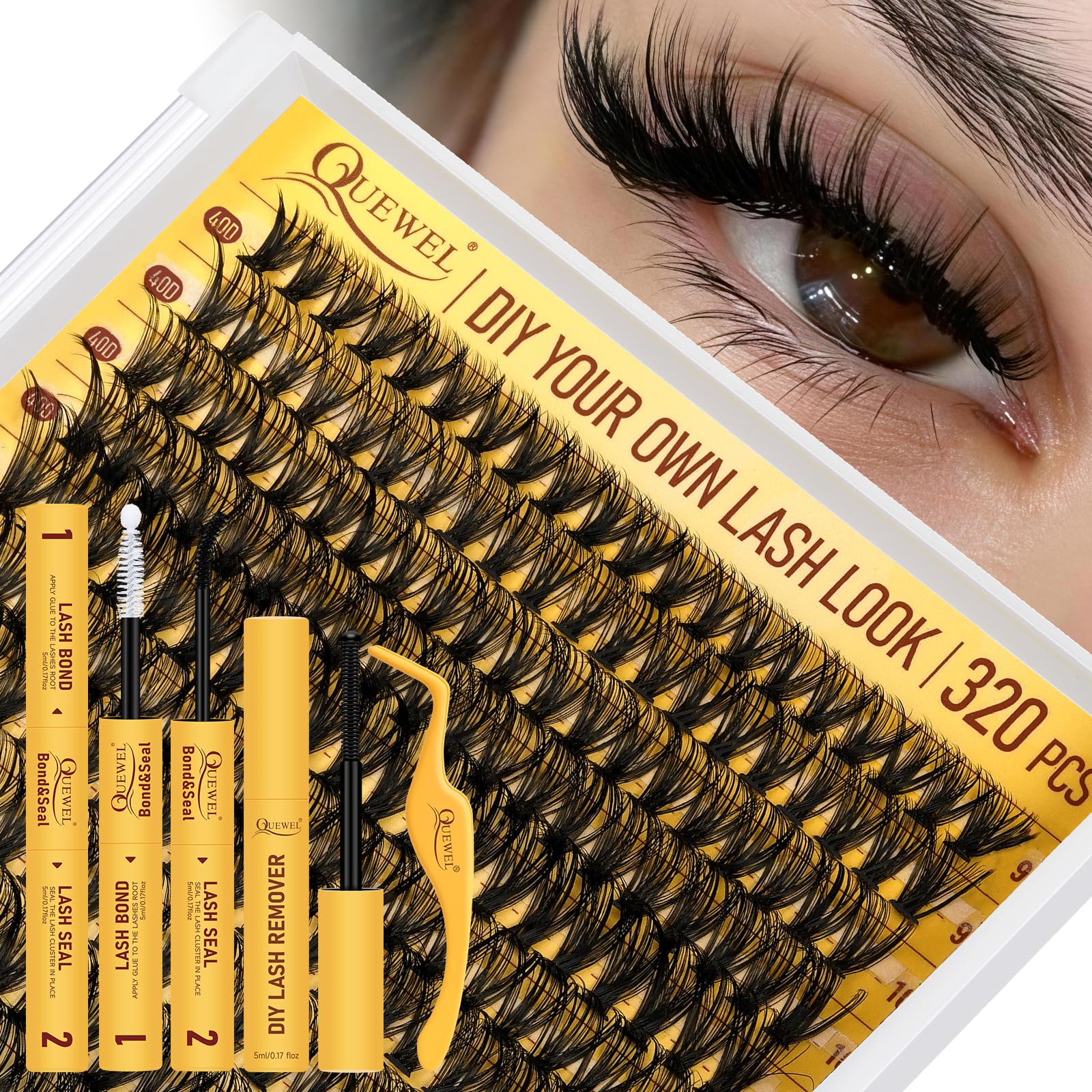 QUEWEL front packaging showing full lash clusters kit and components for easy styling