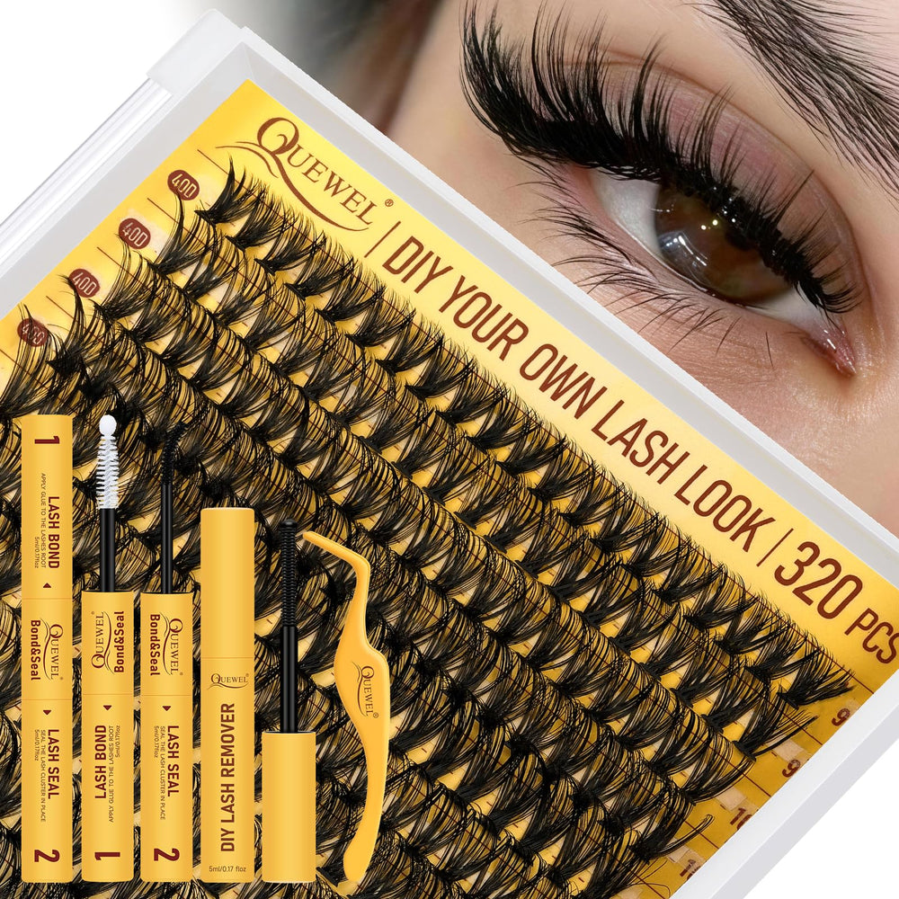 QUEWEL front packaging showing full lash clusters kit and components for easy styling