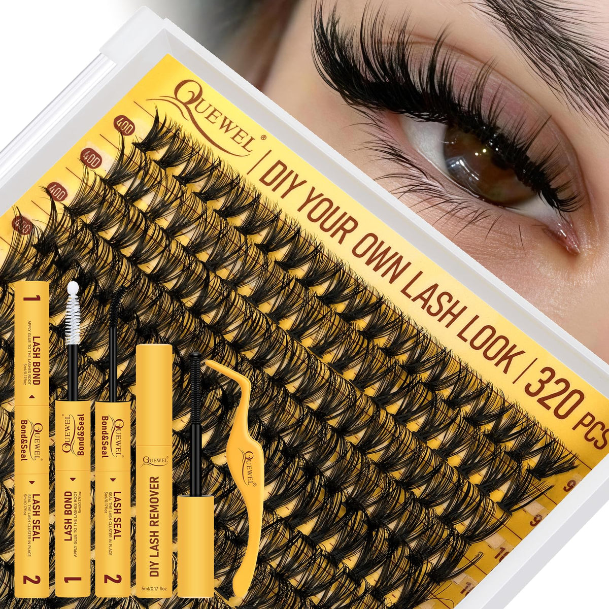 QUEWEL front packaging showing full lash clusters kit and components for easy styling