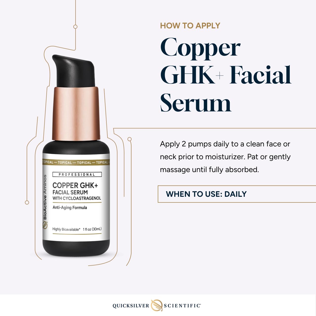 Quicksilver Scientific boxed bottle styled on surface, communicates premium formulation benefit