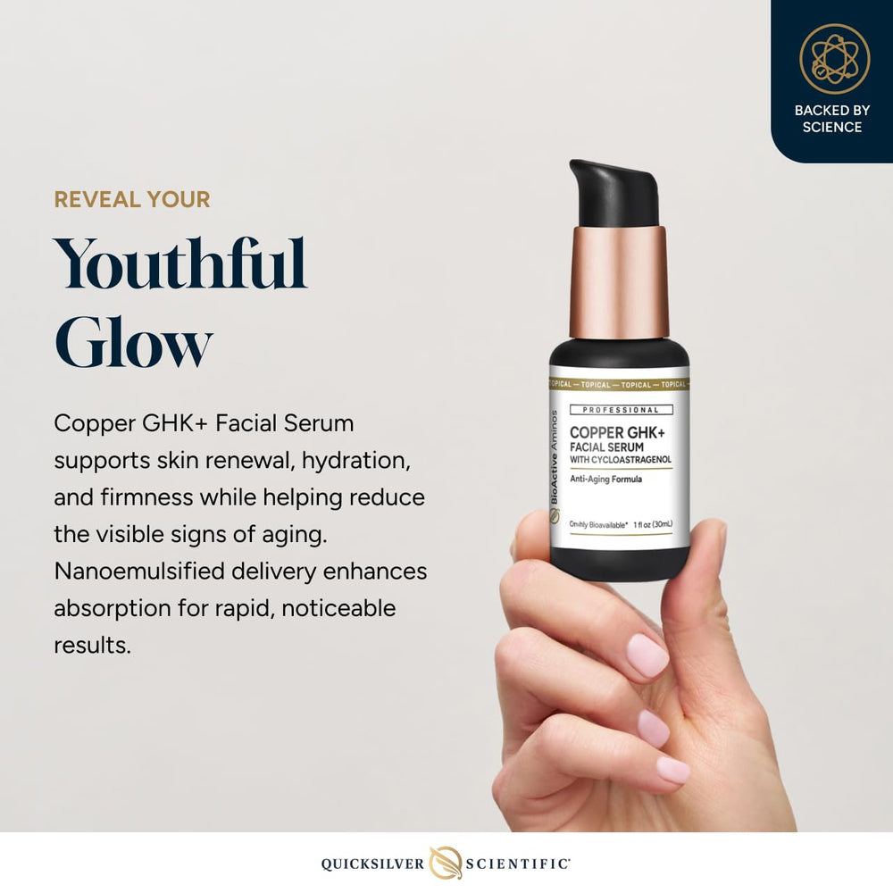 Quicksilver Scientific ingredient label close-up, highlights copper peptide and vitamins