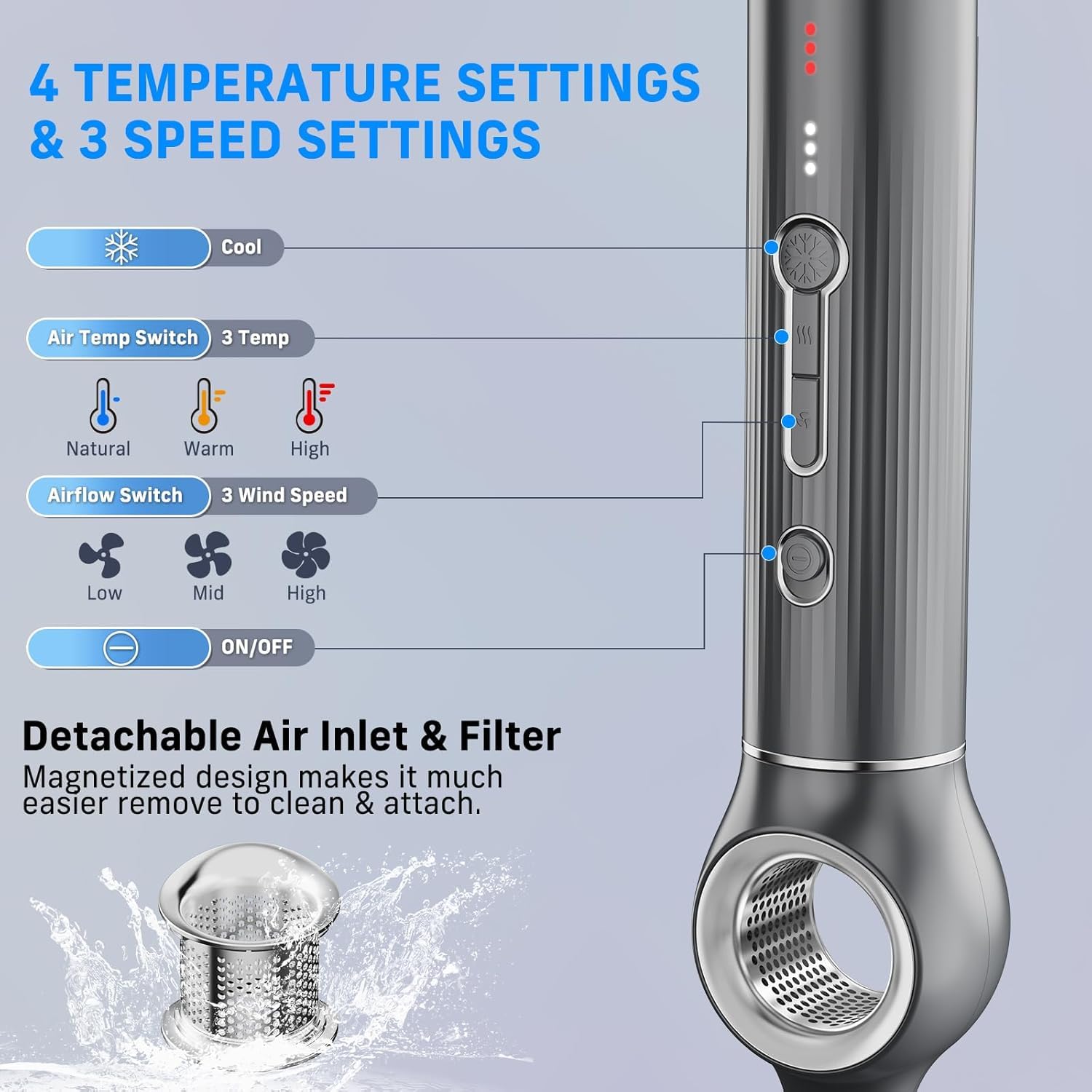 QUICO detachable filter removed for easy cleaning and consistent airflow