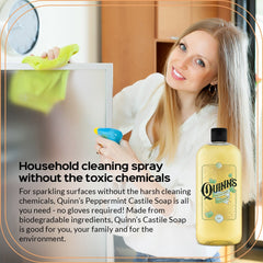 Quinn's peppermint soap diluted in a spray bottle for kitchen and surface cleaning