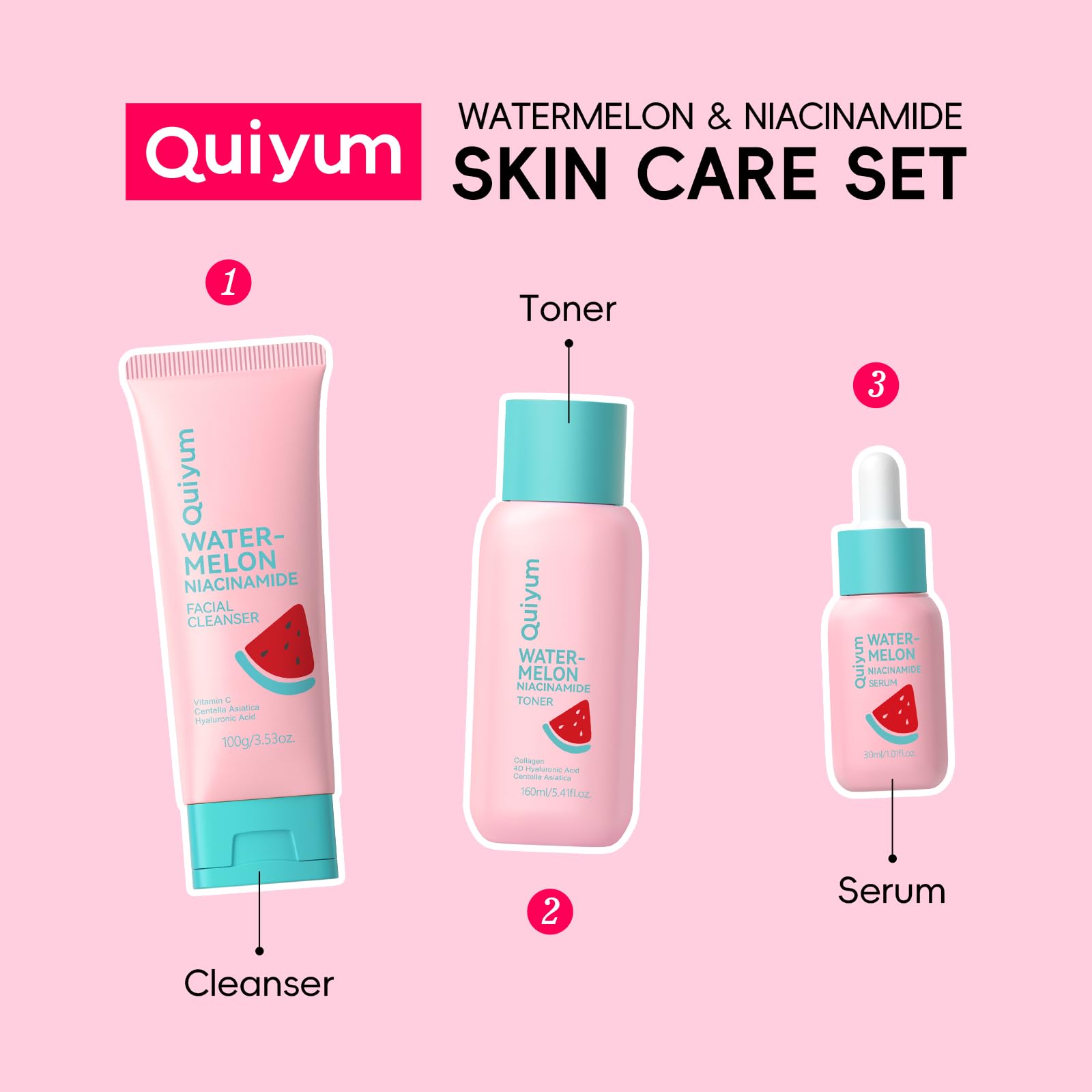 QUIYUM lifestyle bathroom shelf styled as a gift-ready, aesthetic skincare set