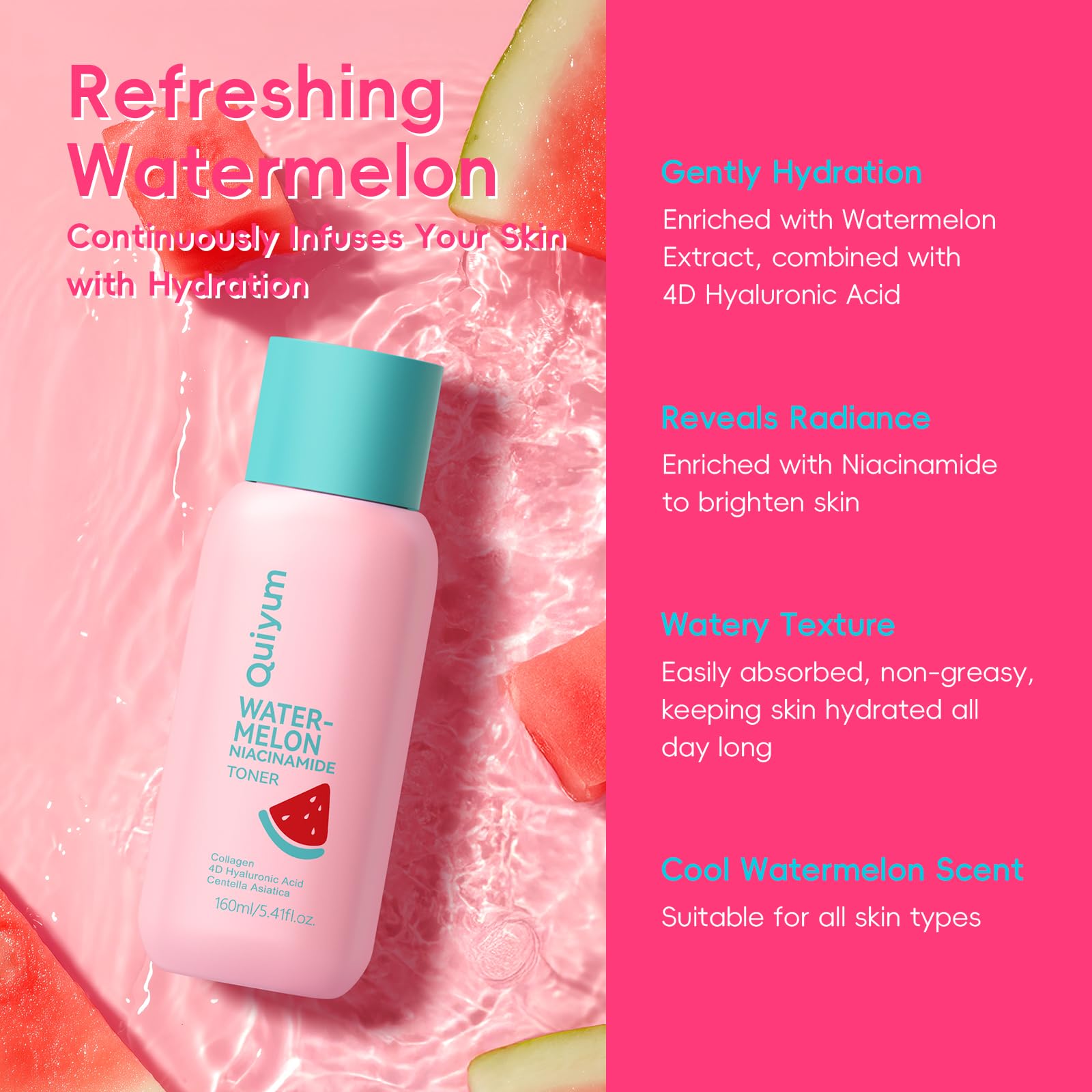 QUIYUM toner splash on surface illustrating refreshing hydration and pore prepping