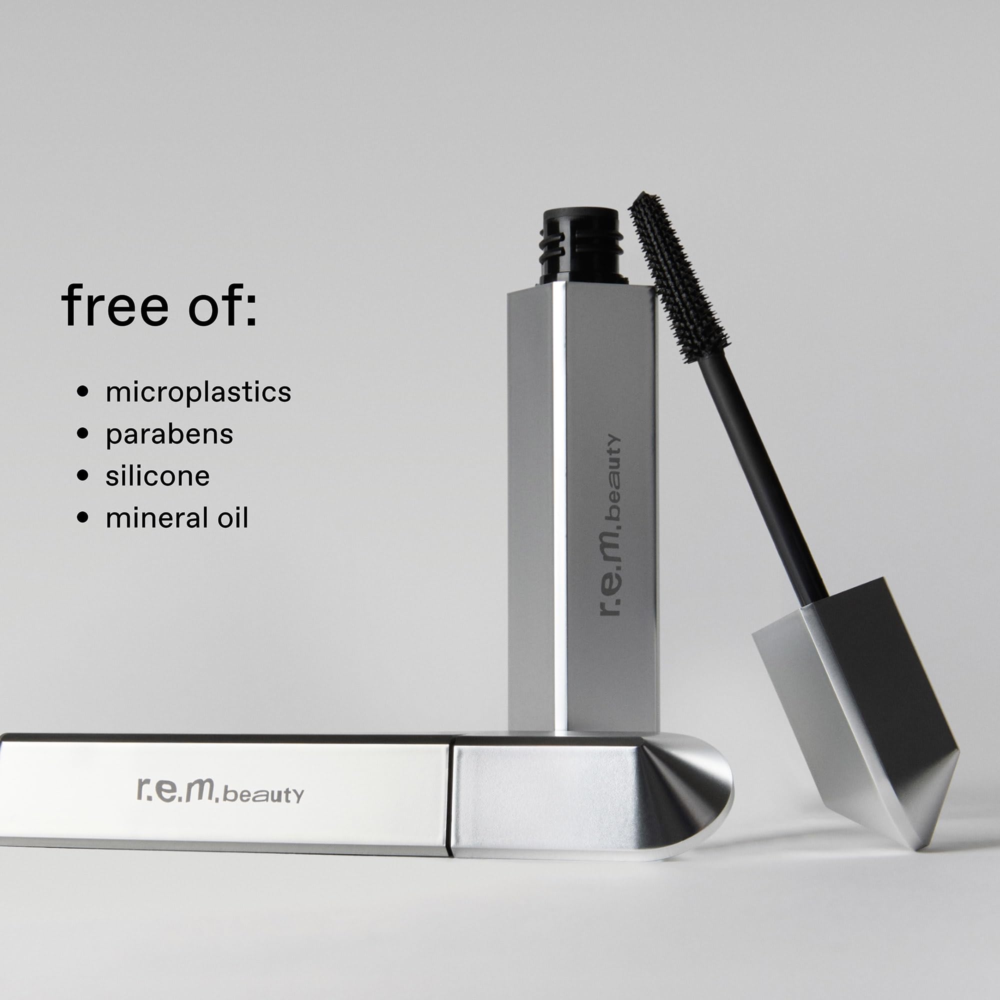 r.e.m. beauty applying mascara on lashes, lifted fanned-out appearance benefit