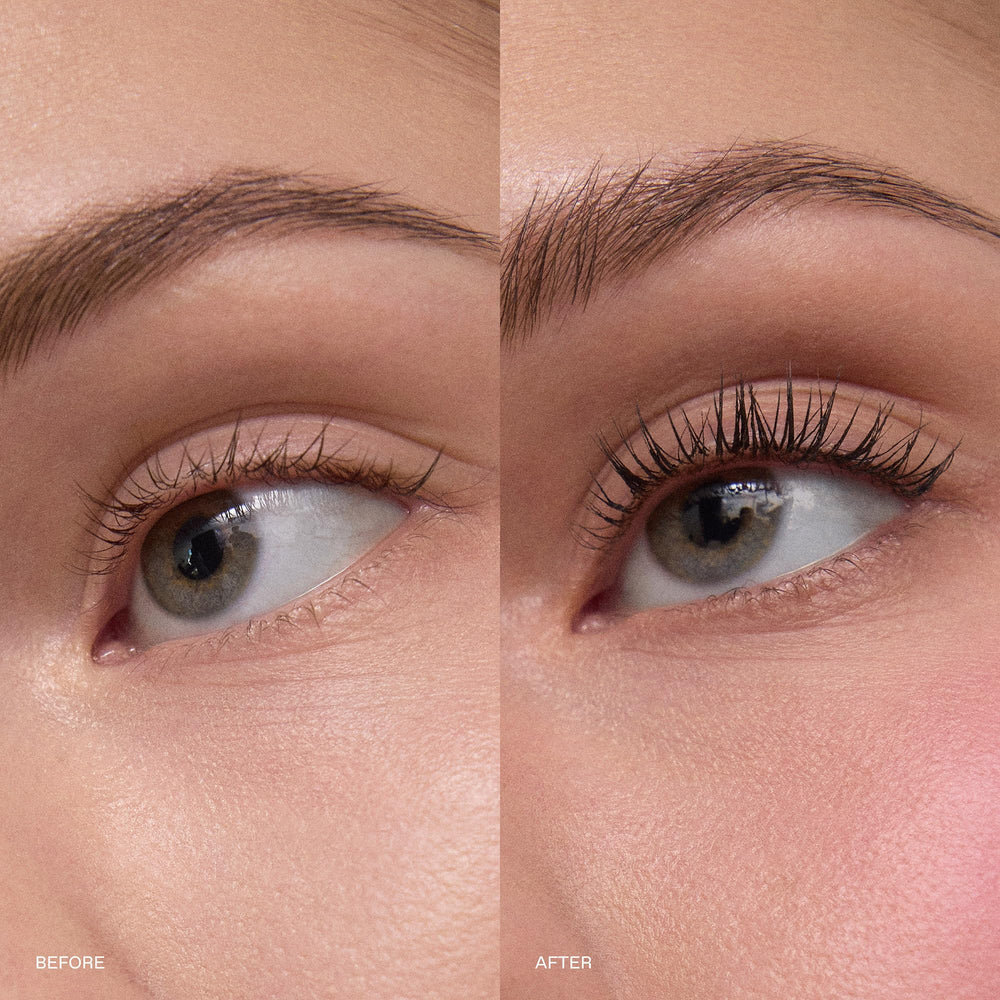 r.e.m. beauty swatch of mascara texture on white surface, smooth buildable finish benefit