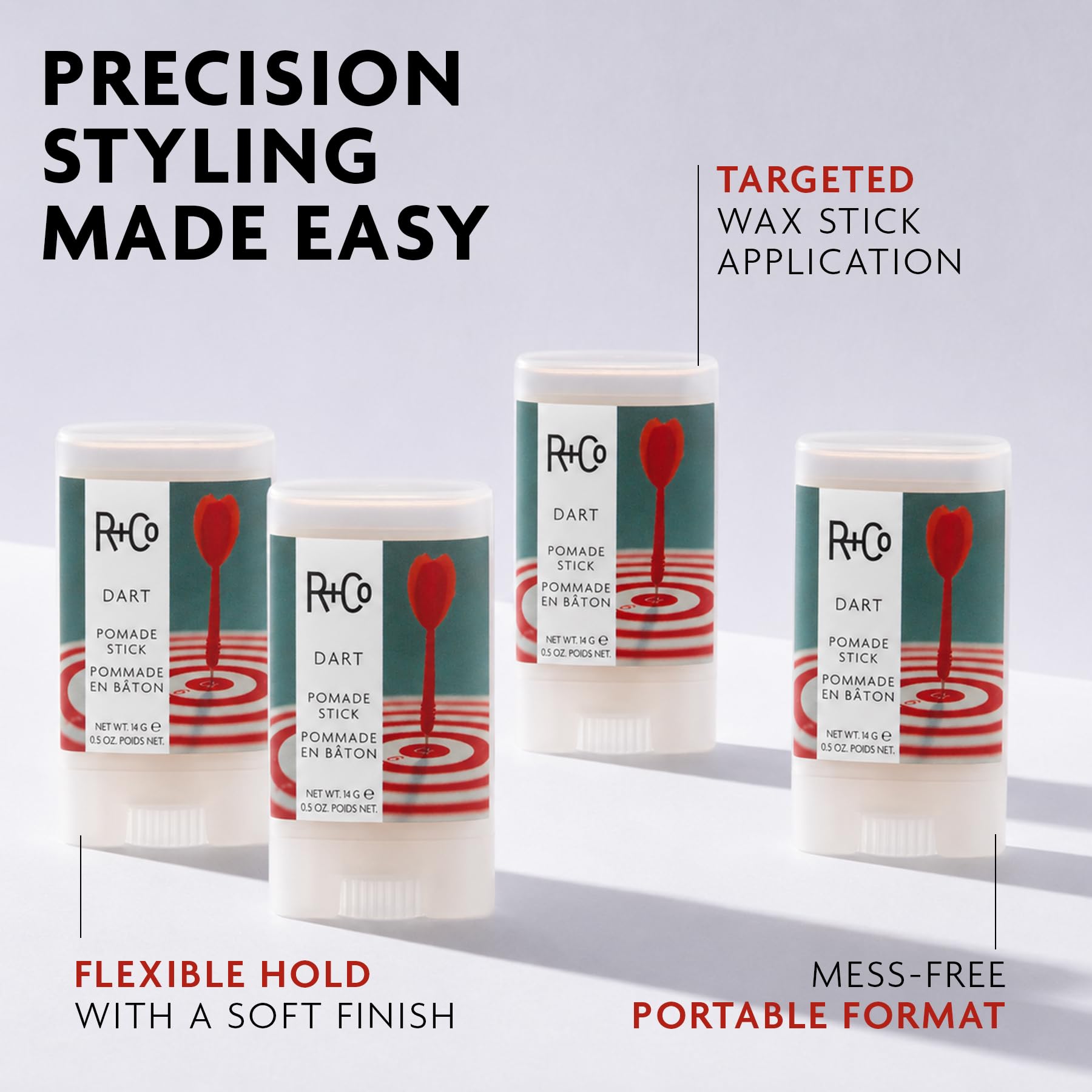 R+Co Dart being applied to bangs to tame flyaways and create polished finish benefit