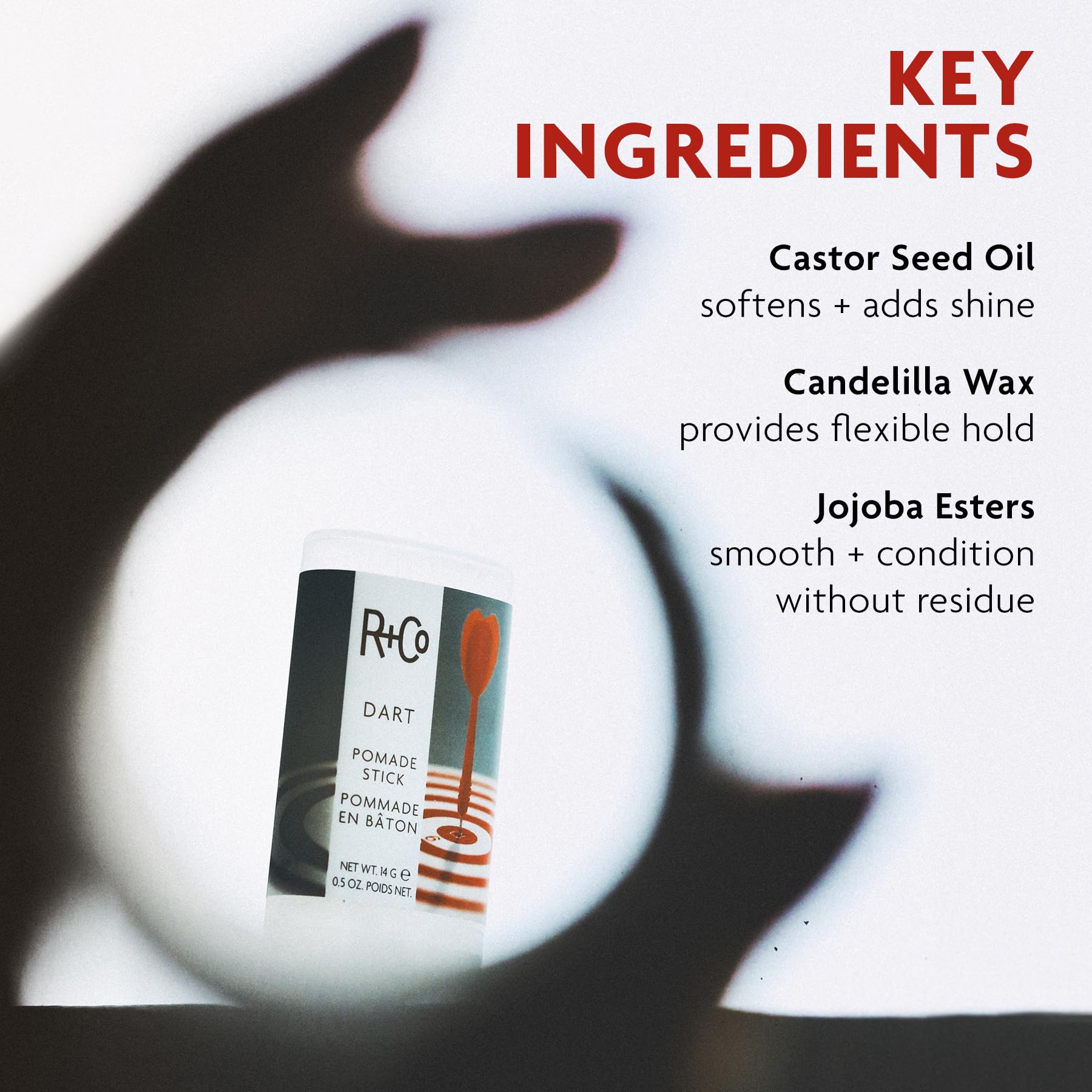 R+Co Dart close-up wax sheen demonstrating conditioned shine and flexible hold benefit