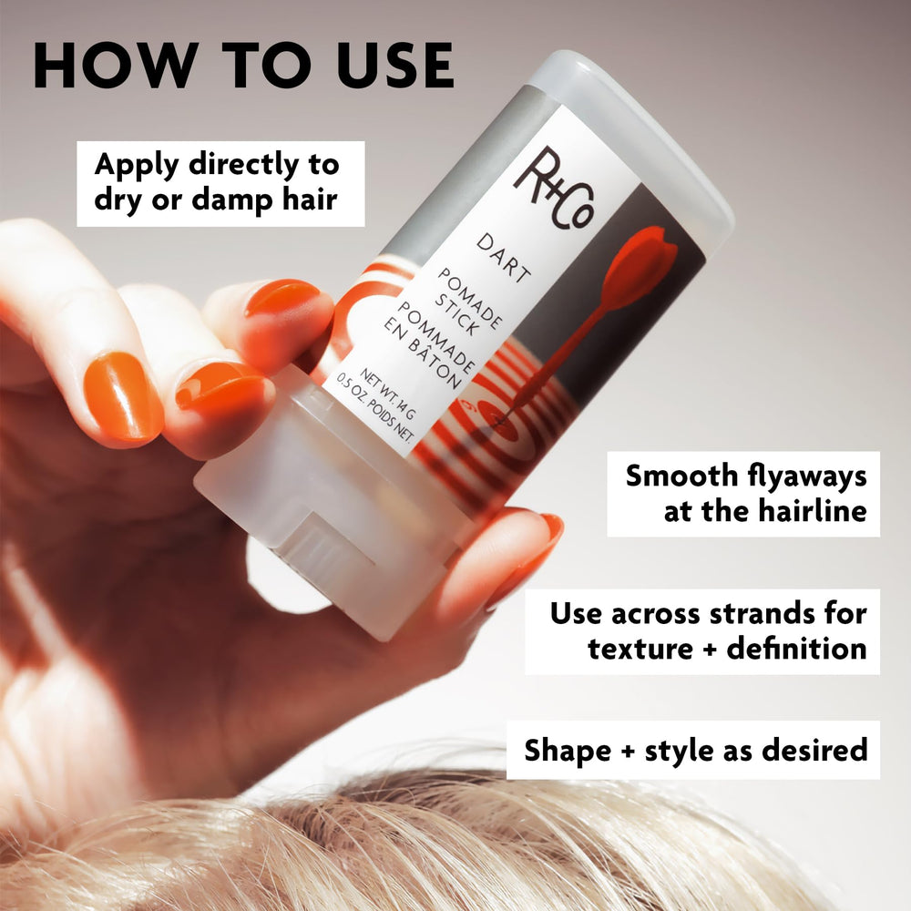 R+Co Dart before and after styling comparison showing defined pieces and reduced frizz benefit