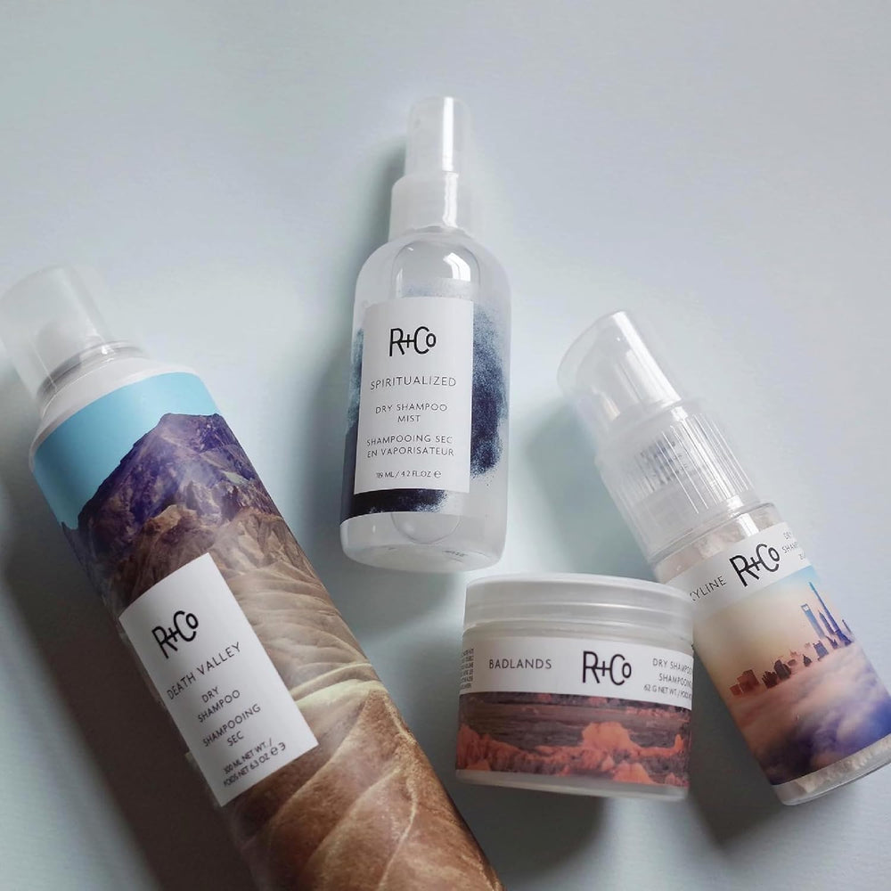 R+Co SKYLINE close up of product label highlighting clean beauty and scent