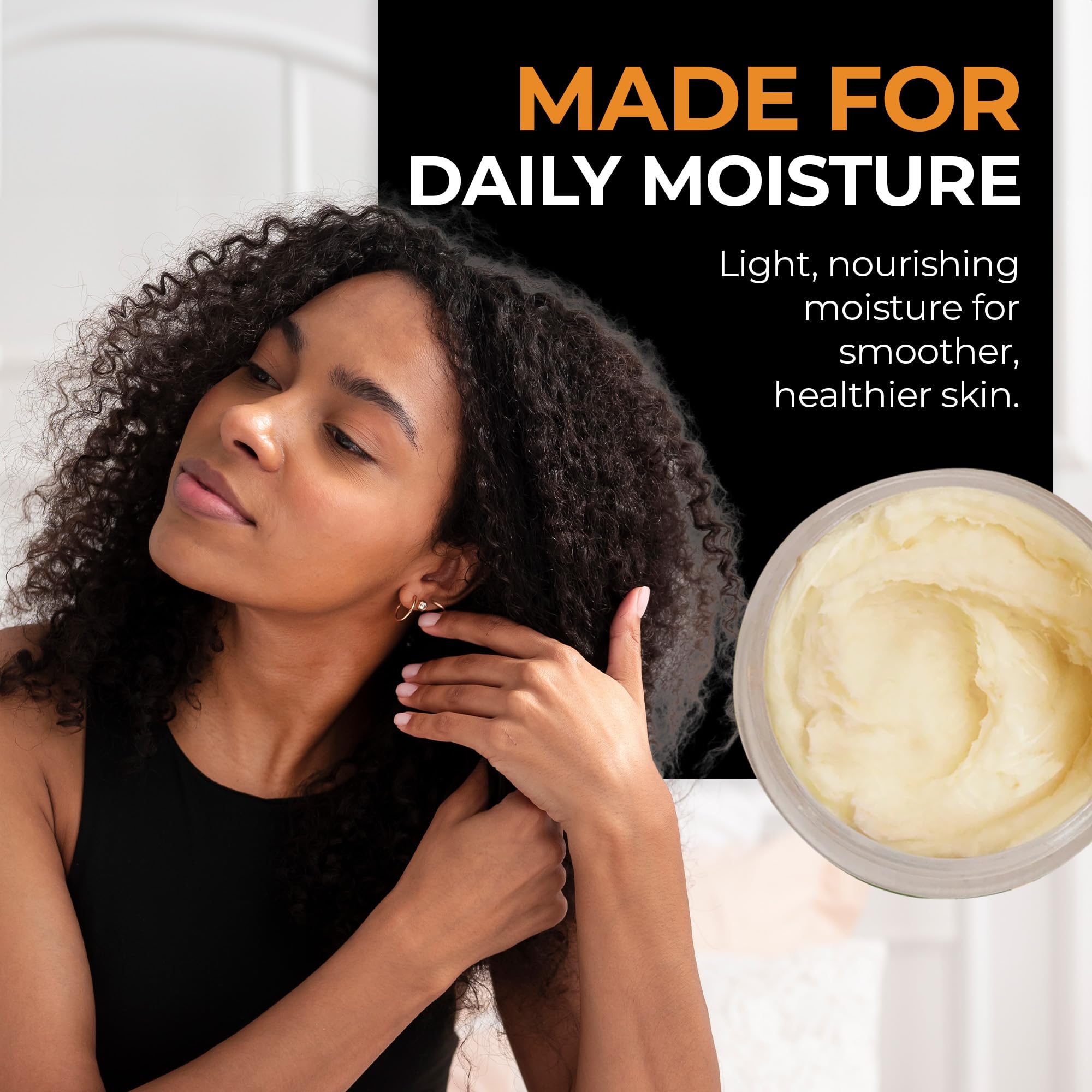RA COSMETICS scooping shea butter with hands demonstrating easy application benefit