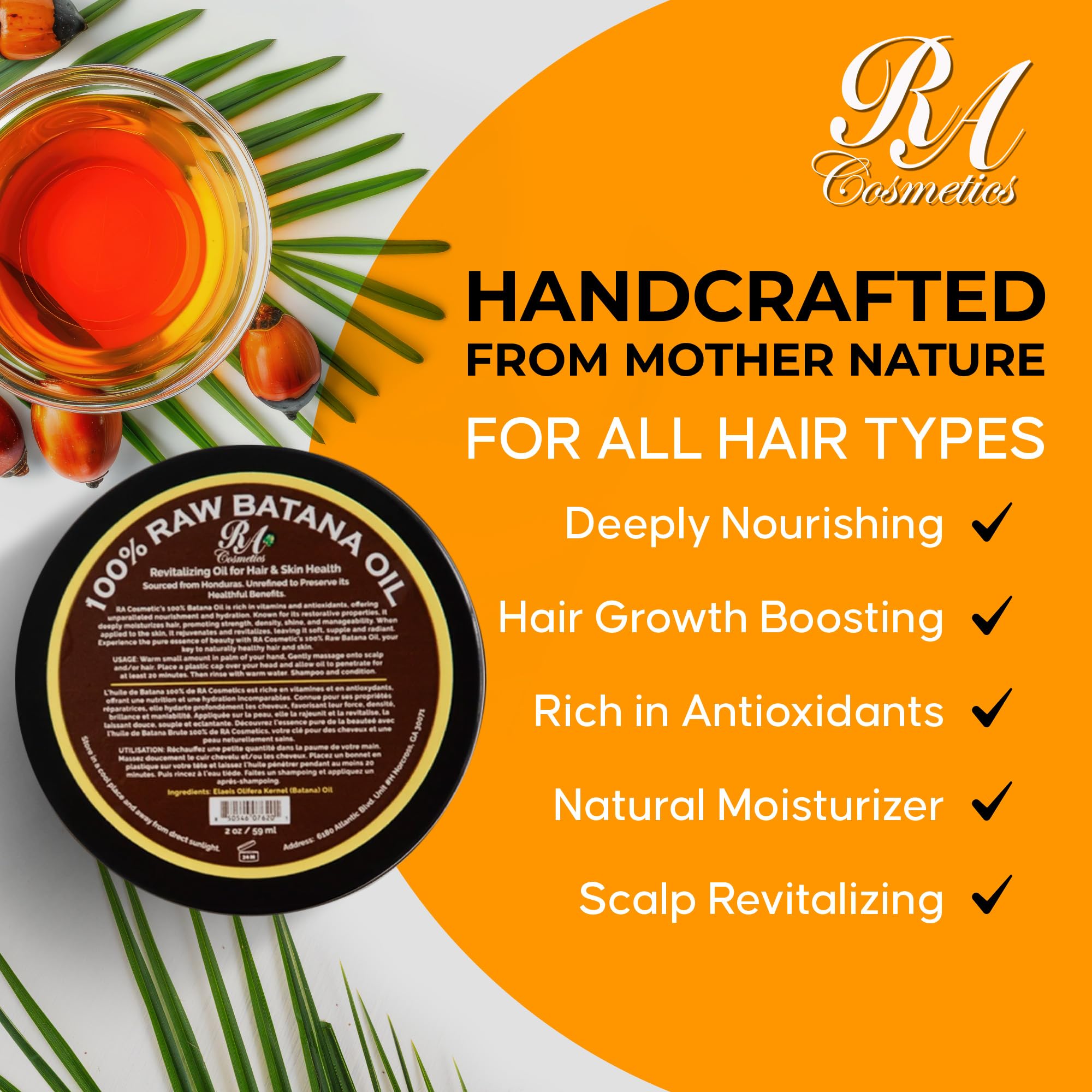 RA COSMETICS label detail showing ingredients and authentic Honduran sourcing clarity