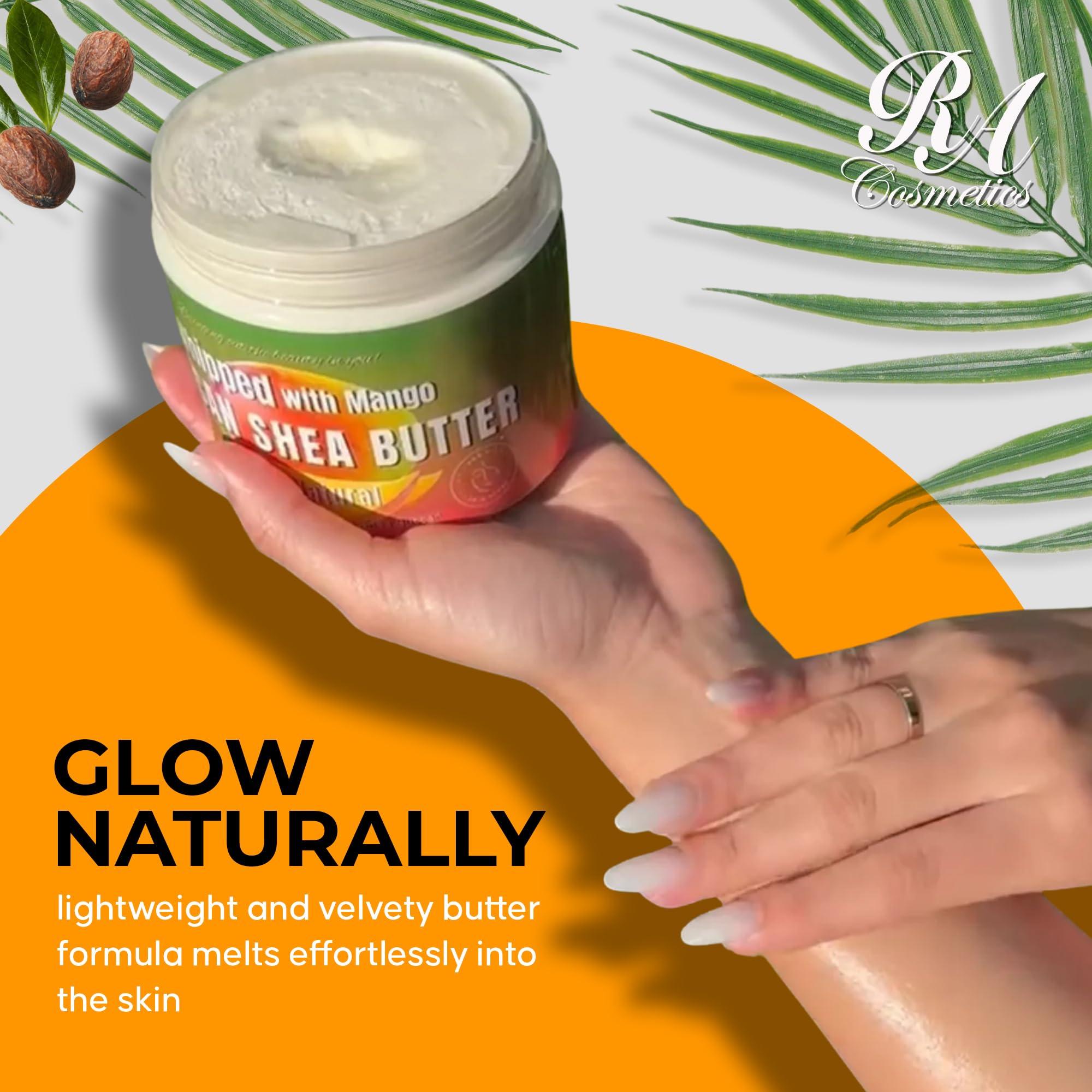 RA COSMETICS ingredient label close-up highlighting unrefined shea and mango clarity