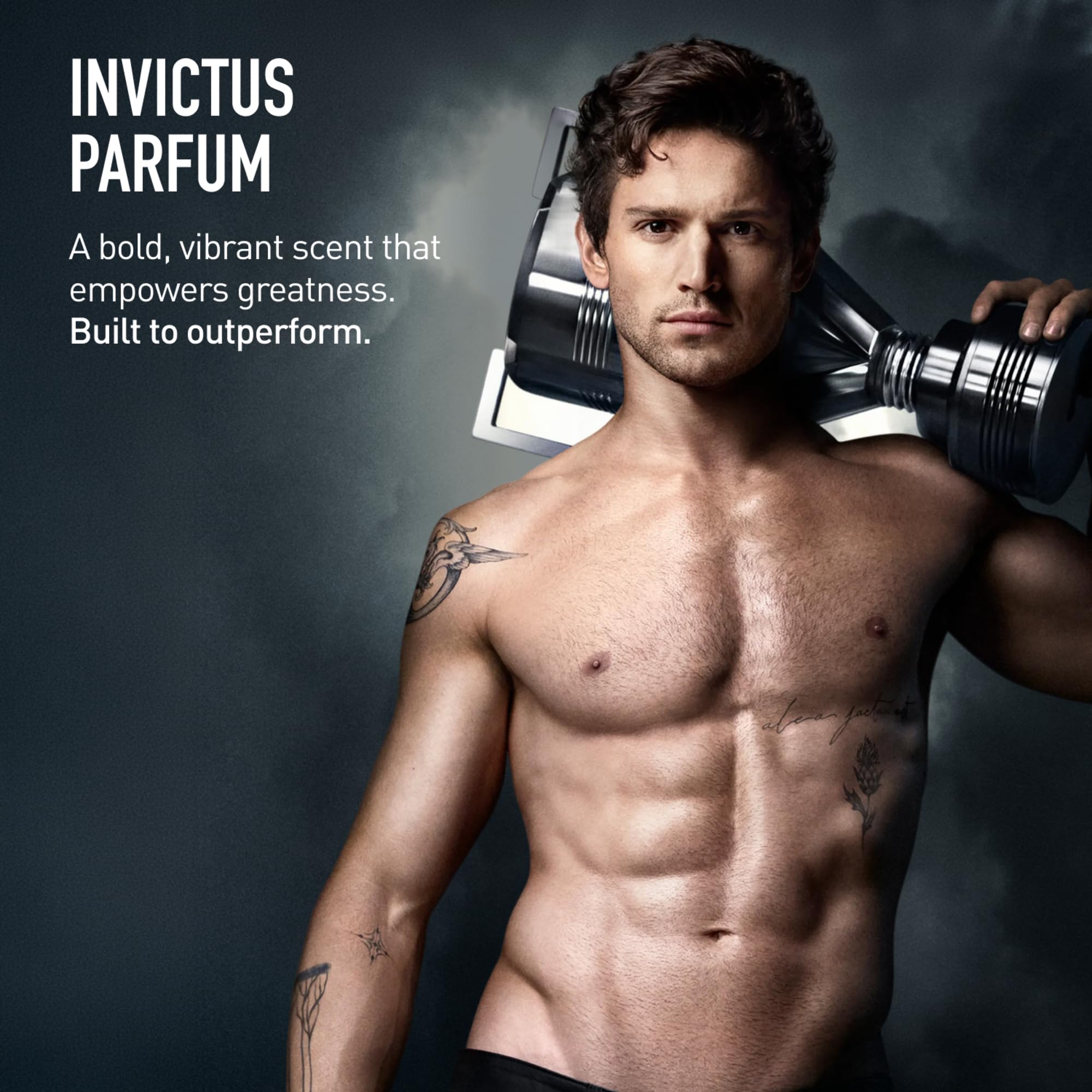 Rabanne Invictus Parfum being sprayed on skin demonstrating application for lasting projection