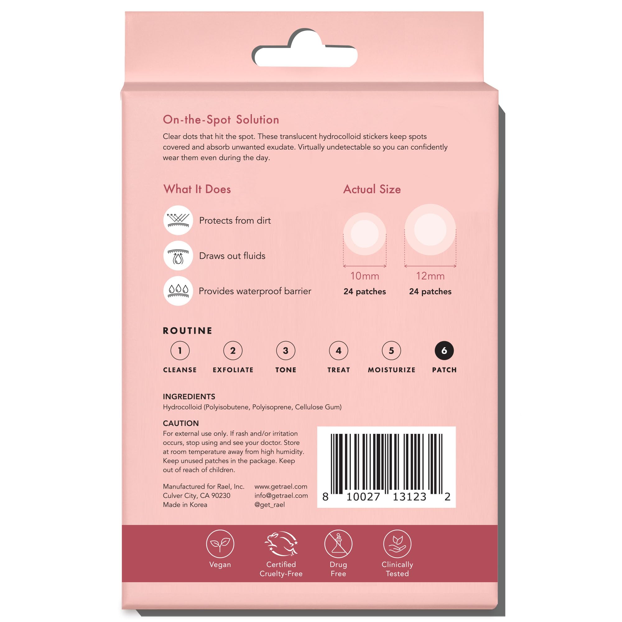 Rael ingredients and features label showing medical-grade hydrocolloid benefit