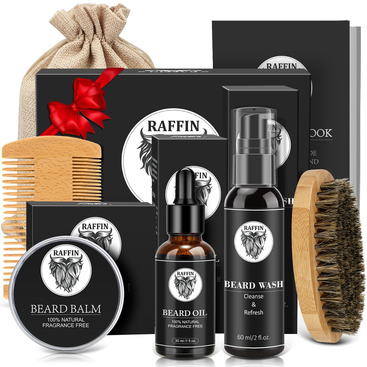 RAFFIN beard kit front packaging showing elegant gift-ready box and contents