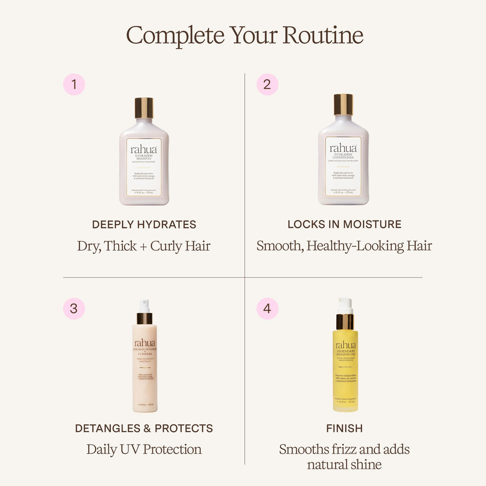 Rahua after-use model hair showing smooth, shiny strands and reduced frizz benefit