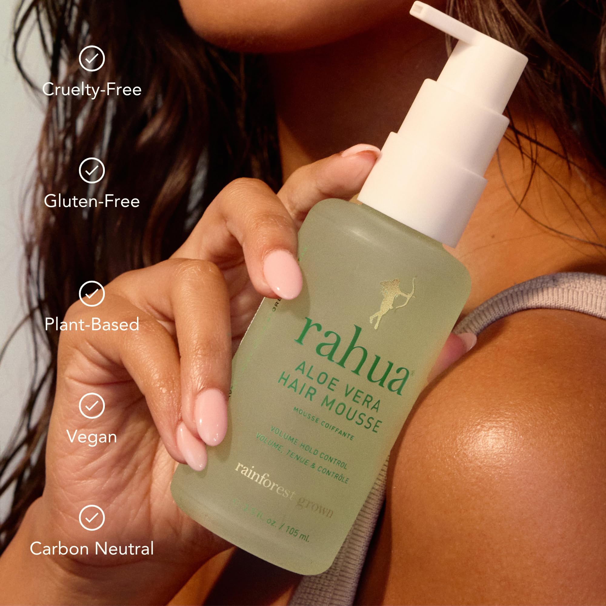 Rahua mousse on bathroom vanity suggesting clean routine and sustainability