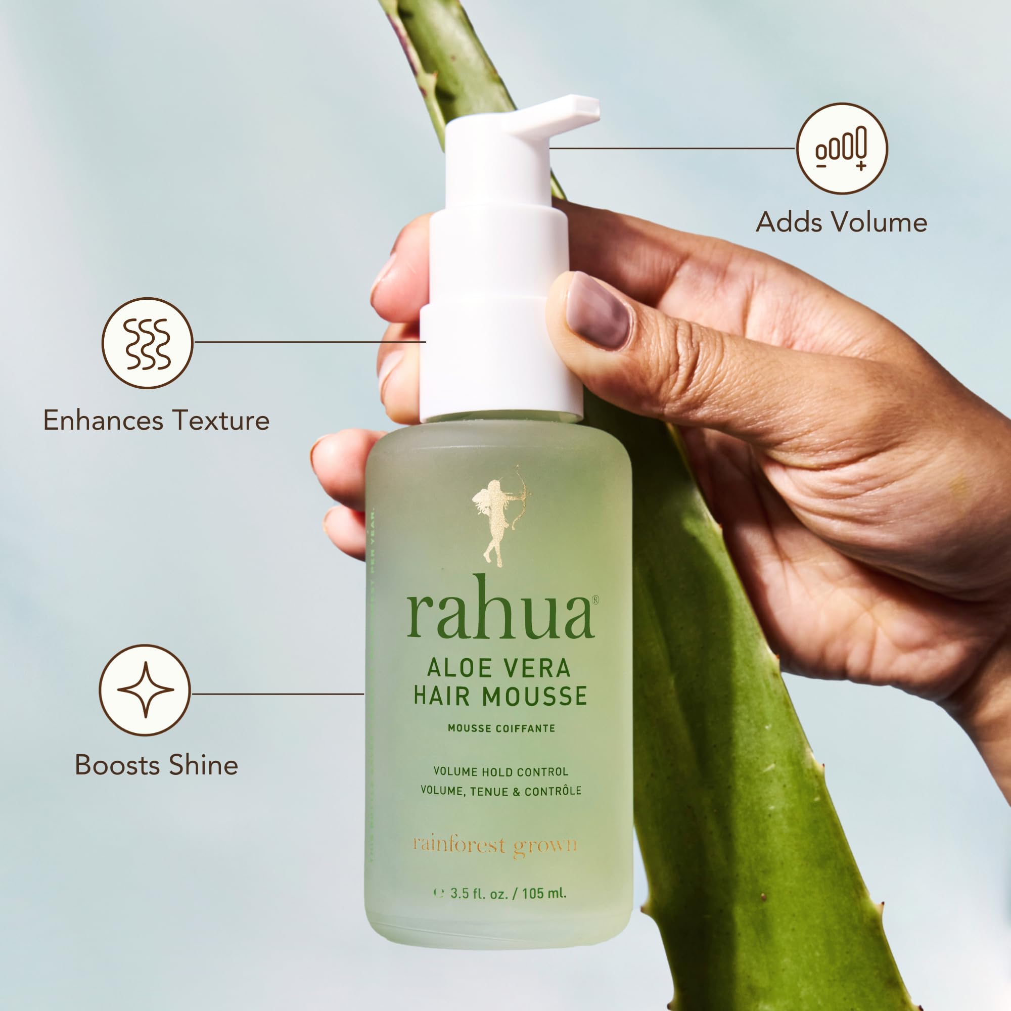 Rahua foam texture from pump illustrating airy mousse for lightweight lift