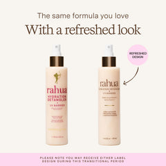 Rahua fine mist spray dispersing across hair for even detangling and lightweight conditioning