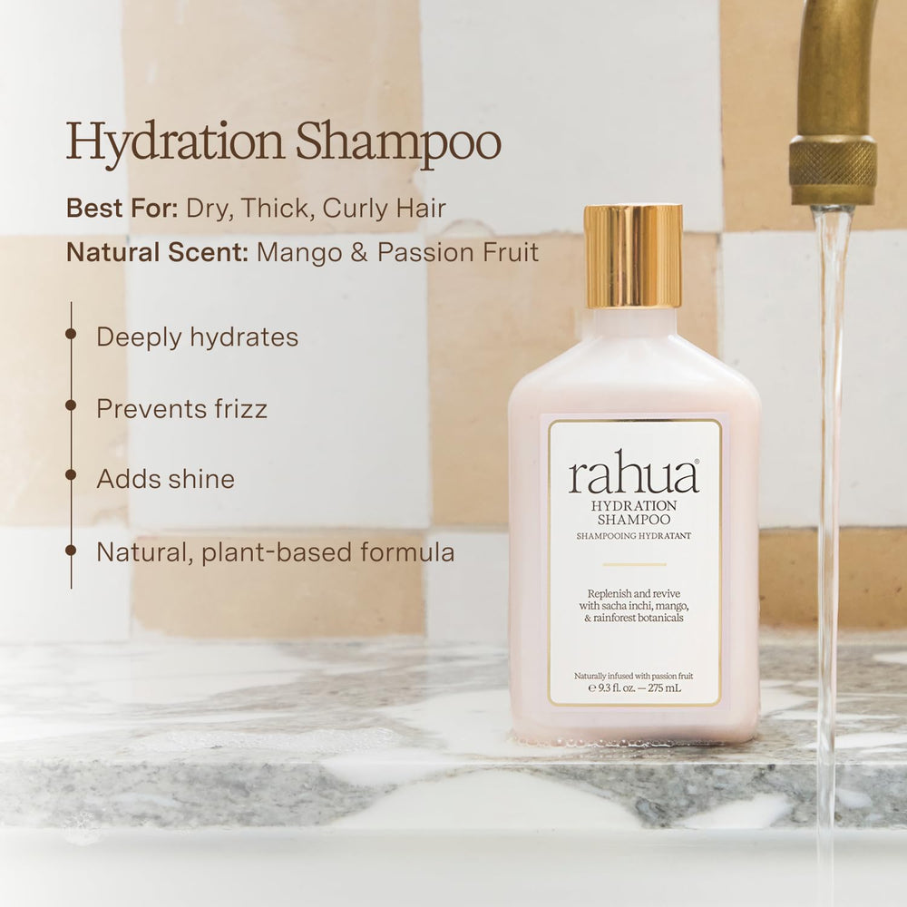 Rahua hydration shampoo back label highlighting natural ingredients and sourcing
