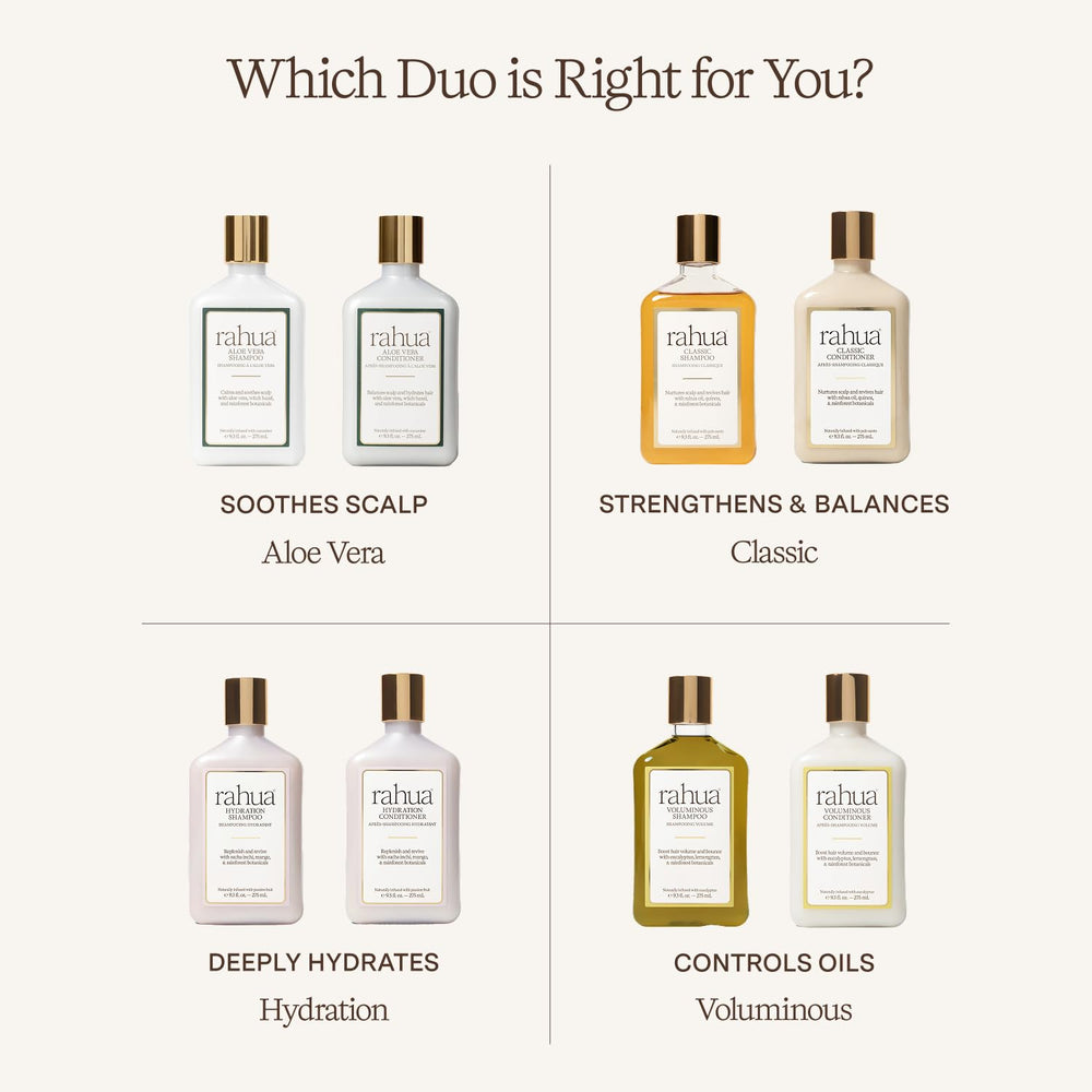 Rahua shampoo size comparison in hand showing 9.3 fl oz scale and travel suitability